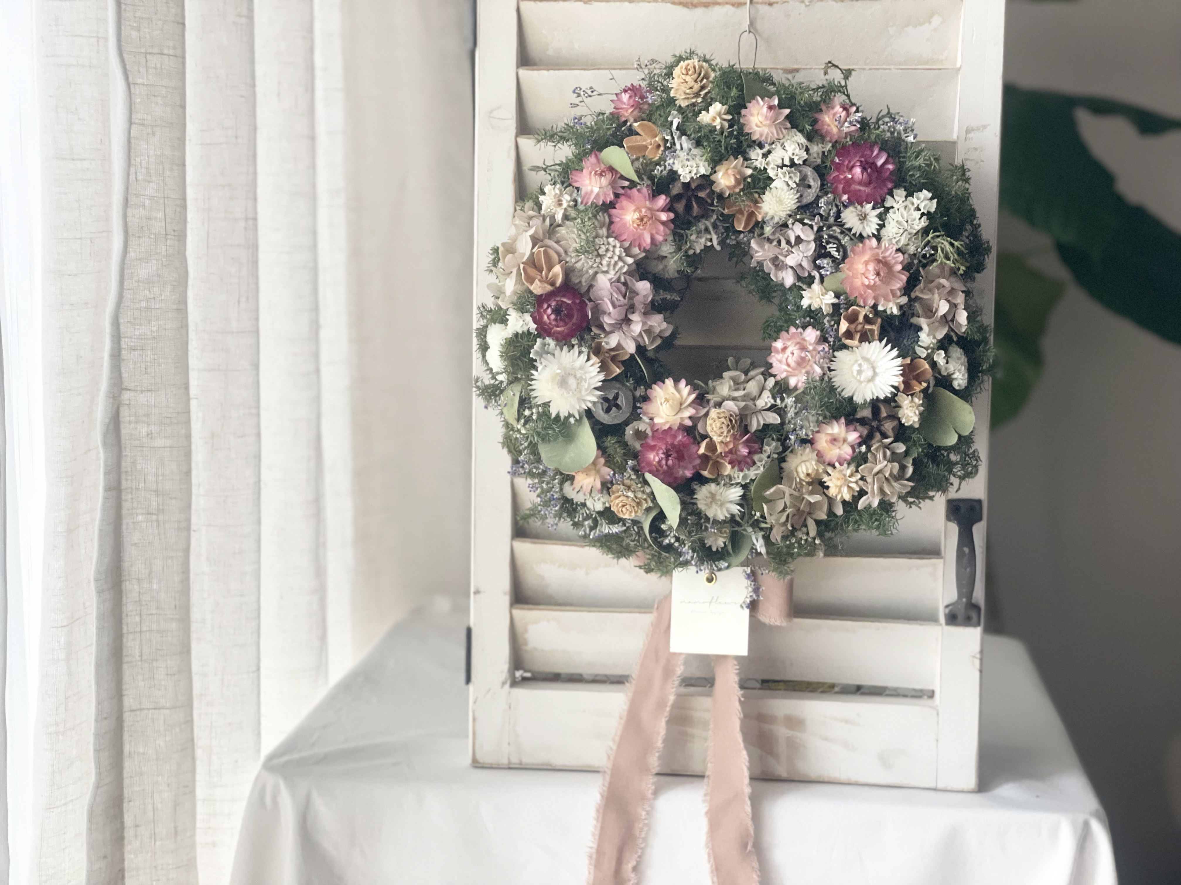 【ヘリクリサムと紫陽花のナチュラルリース】ドライフラワー　ピンク　ホワイト　リース