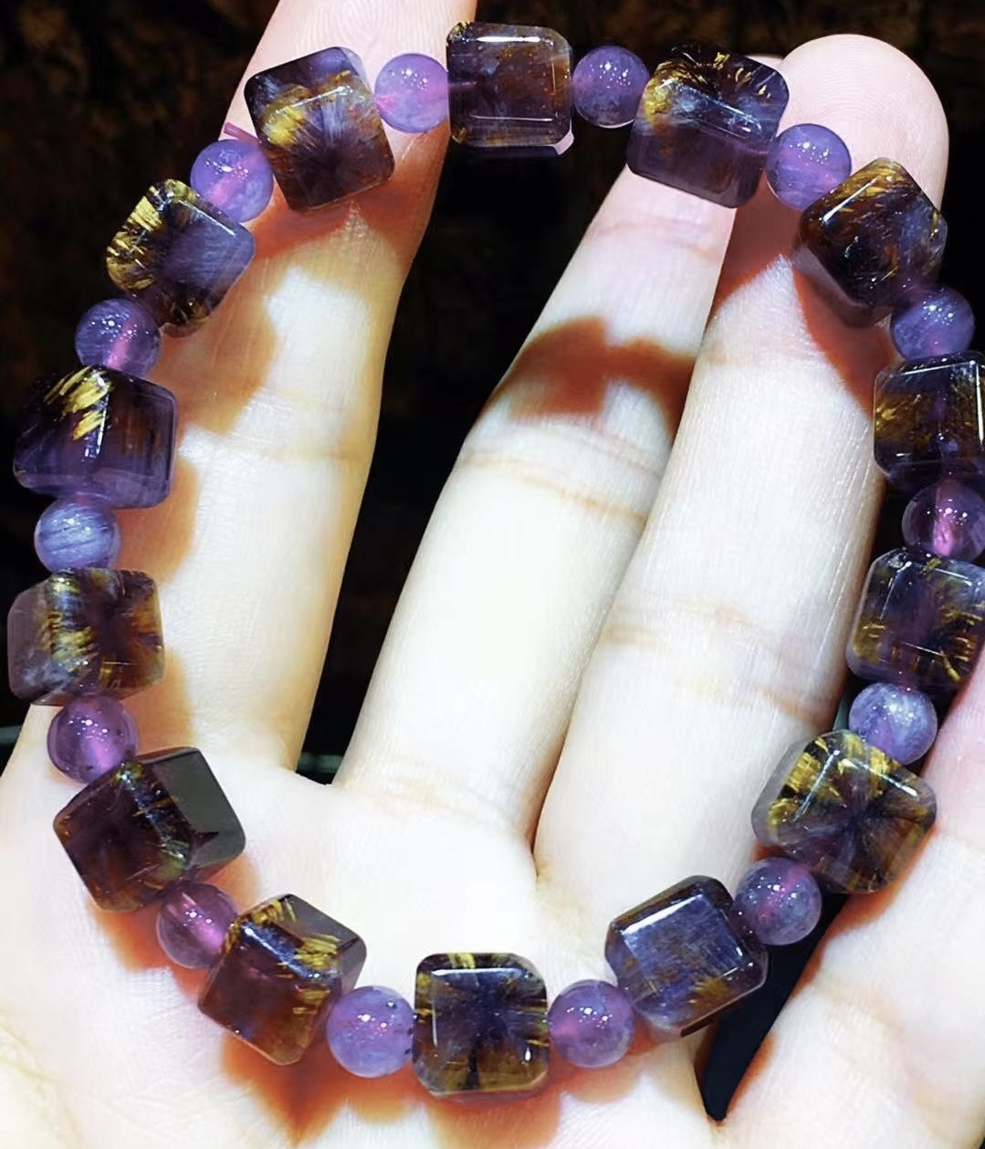 天然無処理　パープルタイチン ルチル クォーツ　キュウブ　ブレスレット