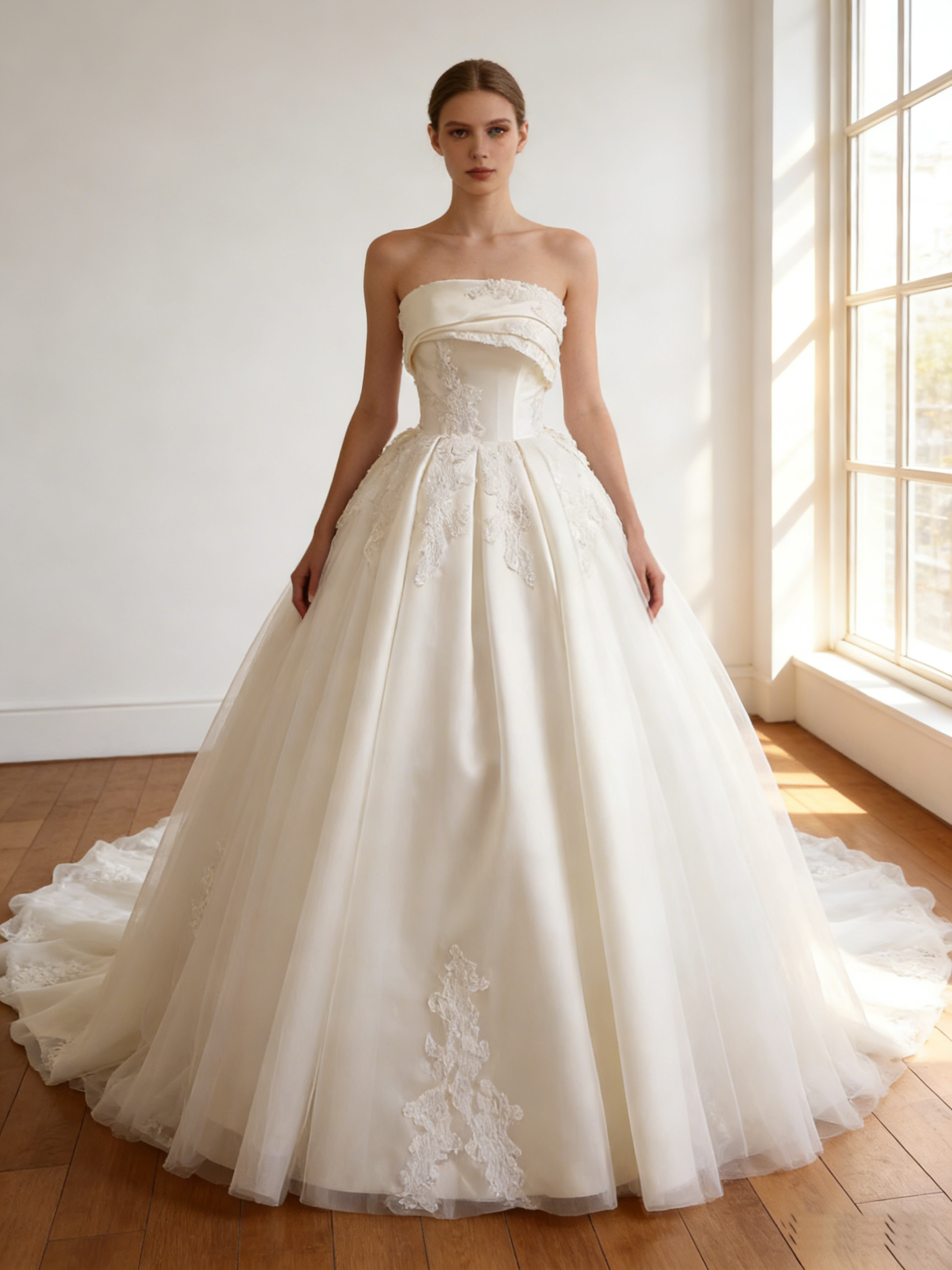 ウエディングドレス オフホワイト ビスチェドレス スリット 繊細なレース 華やかなトレーン  ブライダル