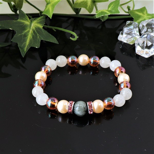淡水パールが柔らかな印象の上品な天然石ブレスレット グレータイガーアイ カルサイト  br-057