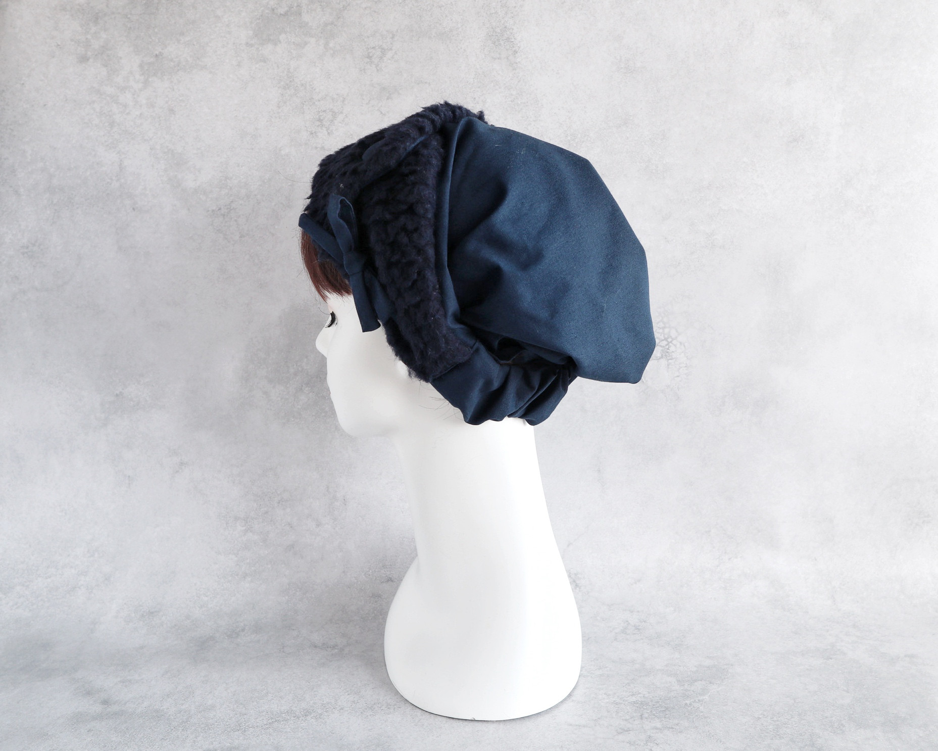 イタリア製 上質ボアのヘアターバン（ネイビー）