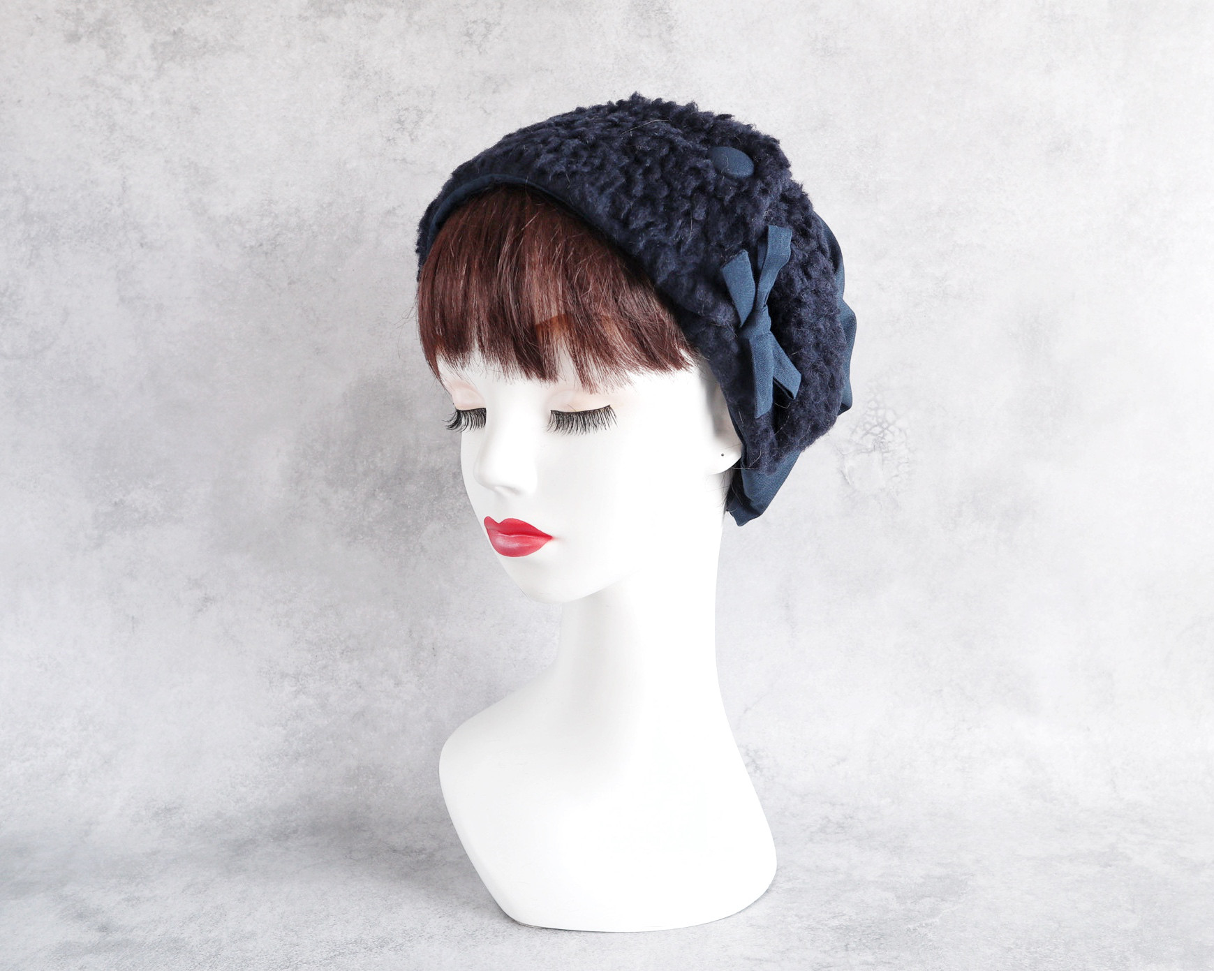 イタリア製 上質ボアのヘアターバン（ネイビー）