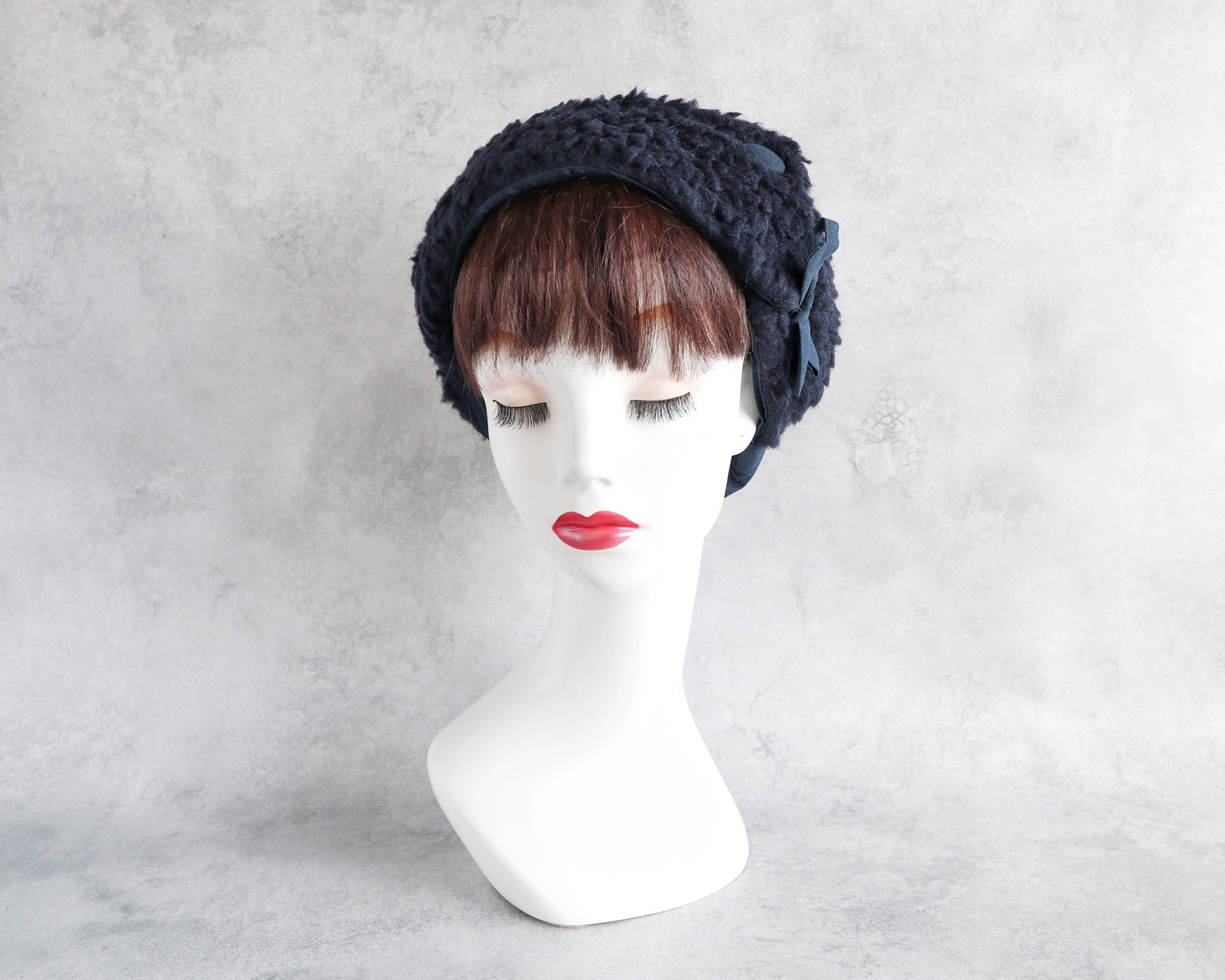 イタリア製 上質ボアのヘアターバン（ネイビー）