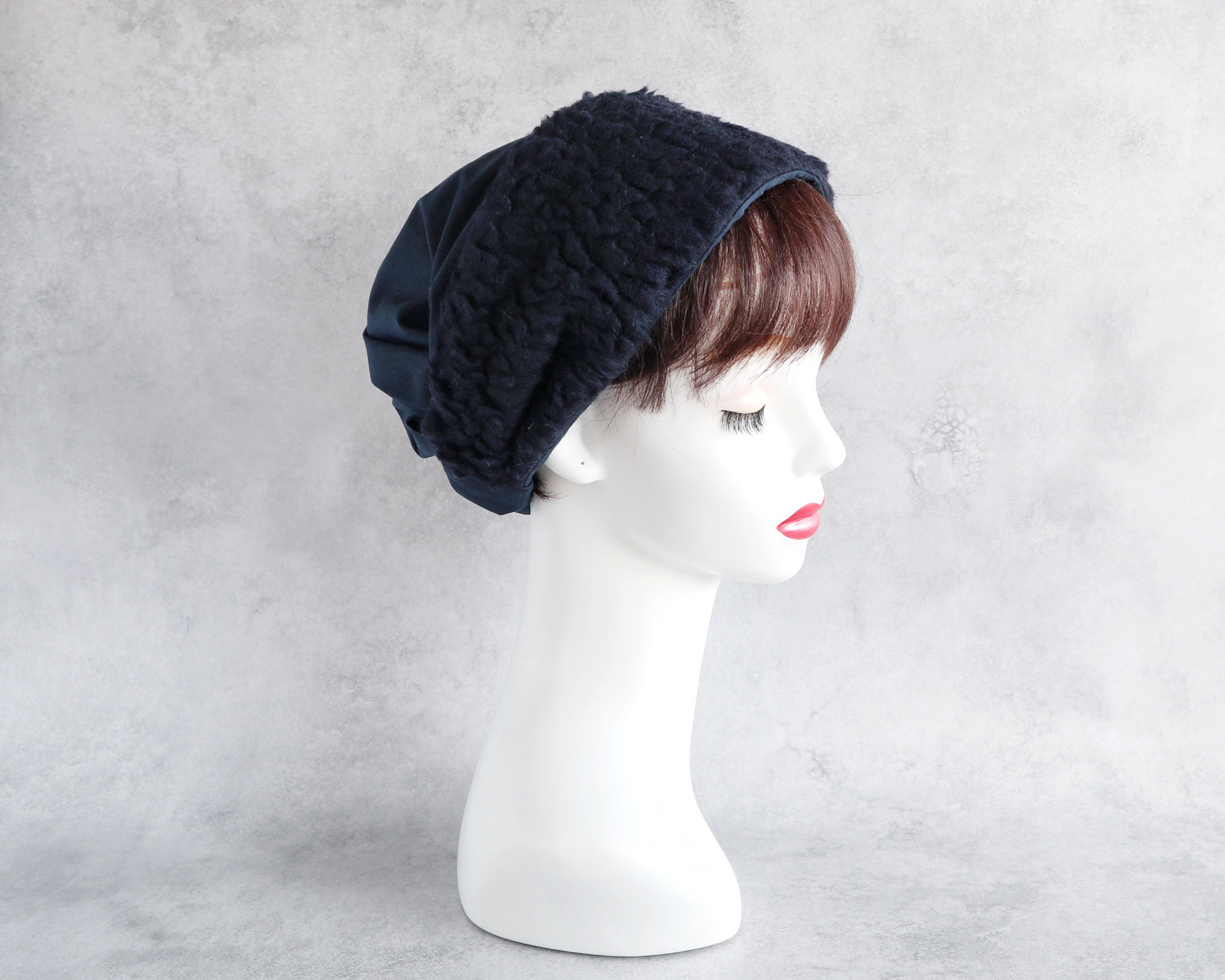 イタリア製 上質ボアのヘアターバン（ネイビー）