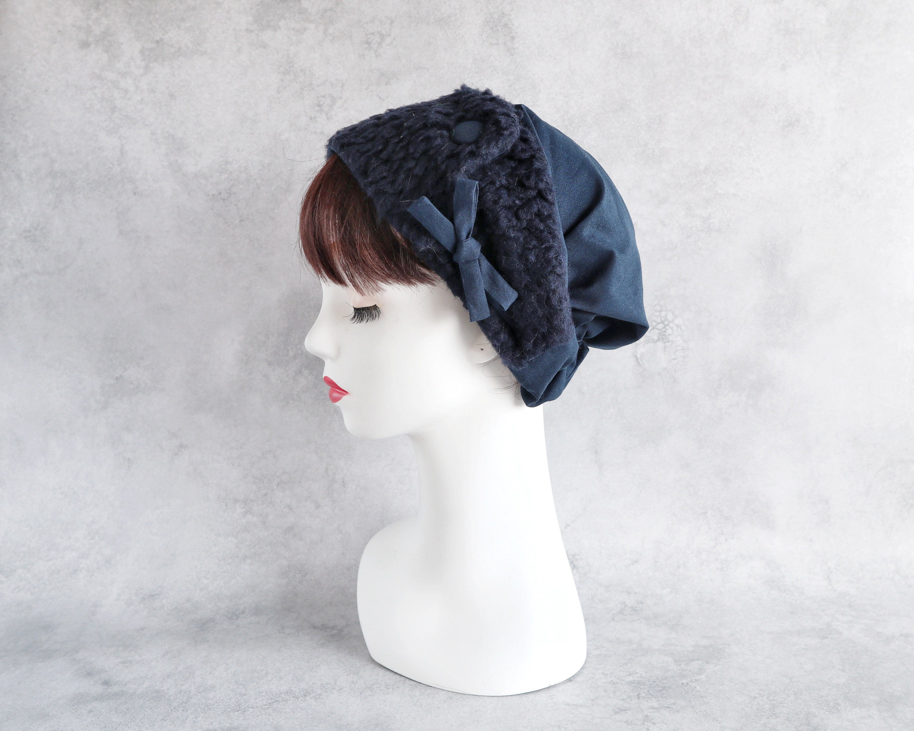 イタリア製 上質ボアのヘアターバン（ネイビー）