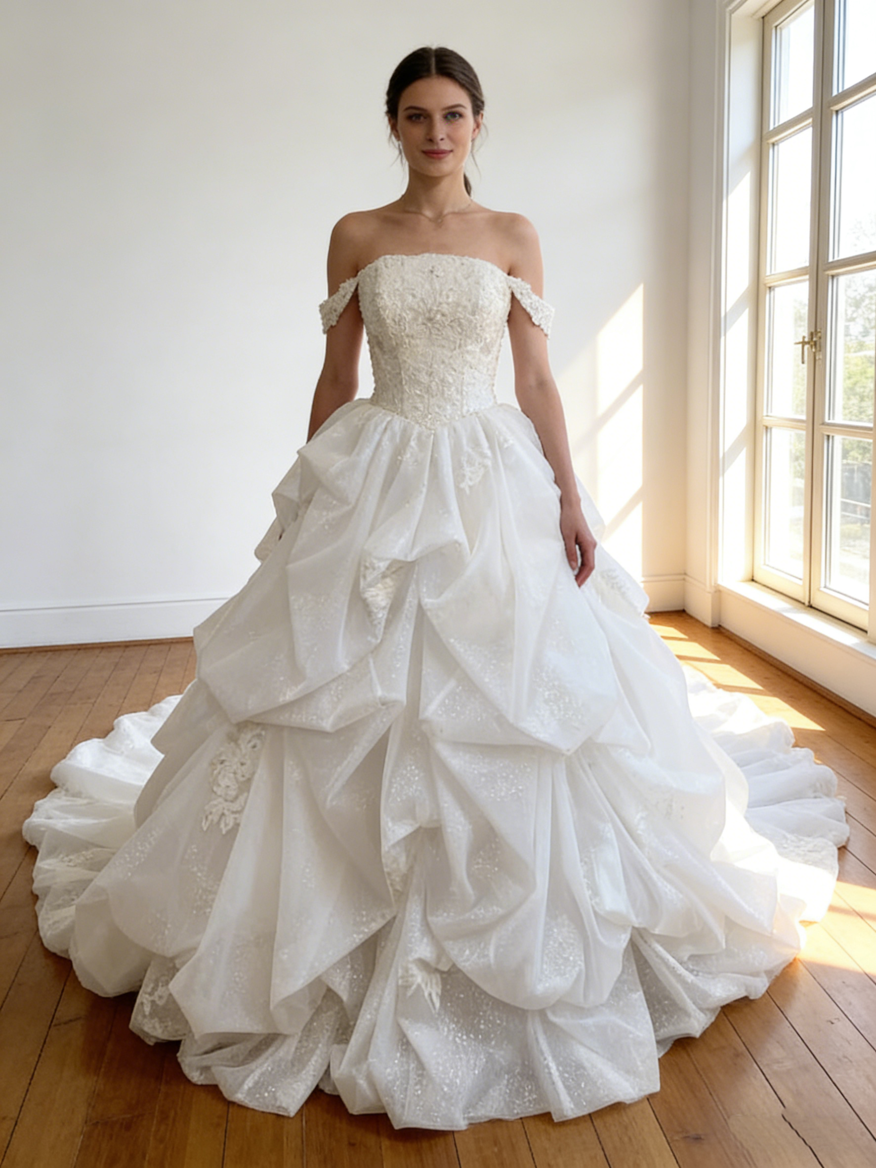 ウエディングドレス オフホワイト スリット アシンメトリー風 シークインチュール オフショルダー  繊細なレース  花嫁