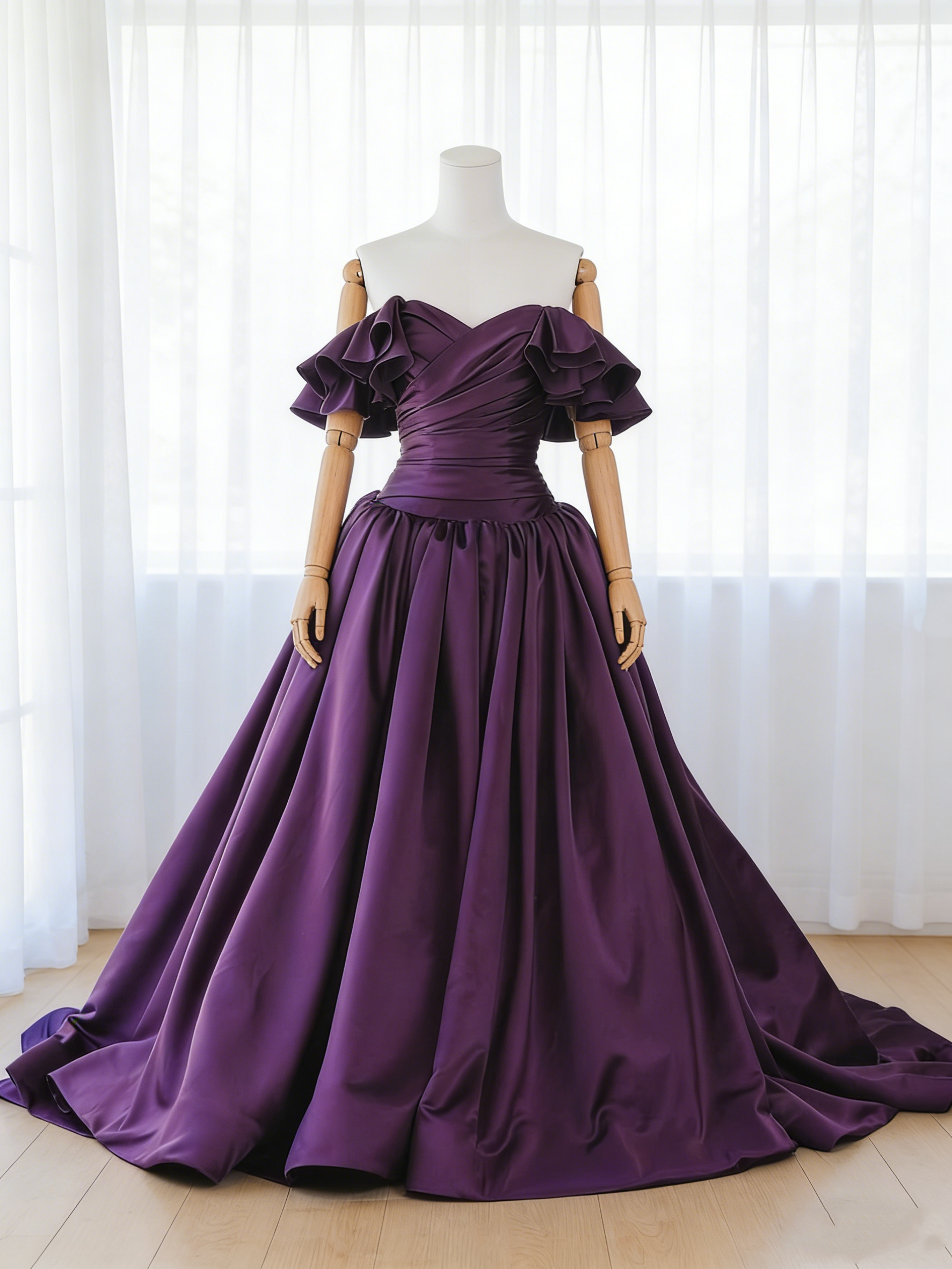 送料無料！カラードレス パープル オフショルダー フレアスカート ハンドドレープ 細見えシルエット フレアスカート