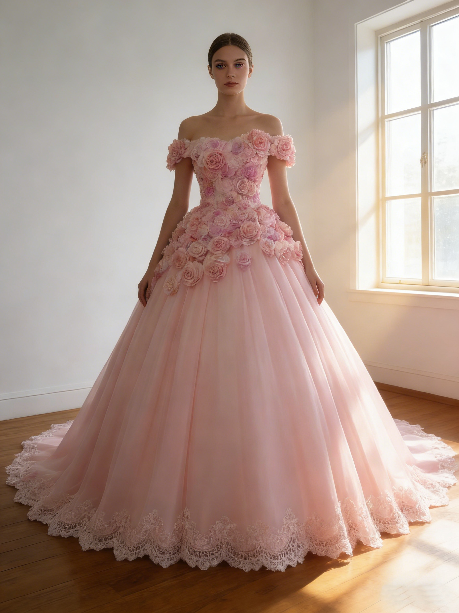 カラードレス ピンク  バラトレーン  フリルオフショルダー  華やかなトレーン  ブライダル