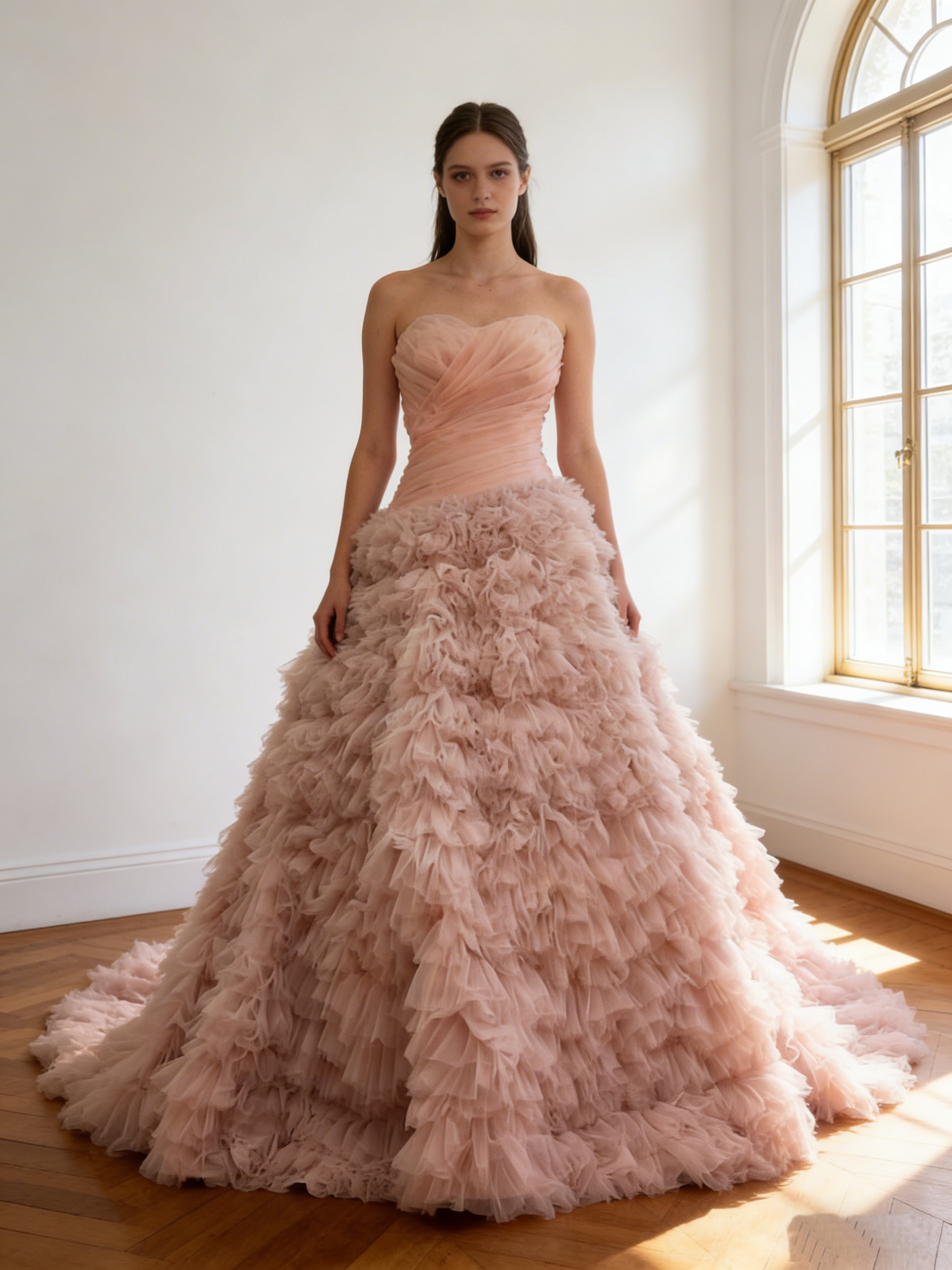 カラードレス ピンク  もこもこドレス  ビスチェドレス  韓国風ドレス  柔らかく重ねたチュールスカート  花嫁