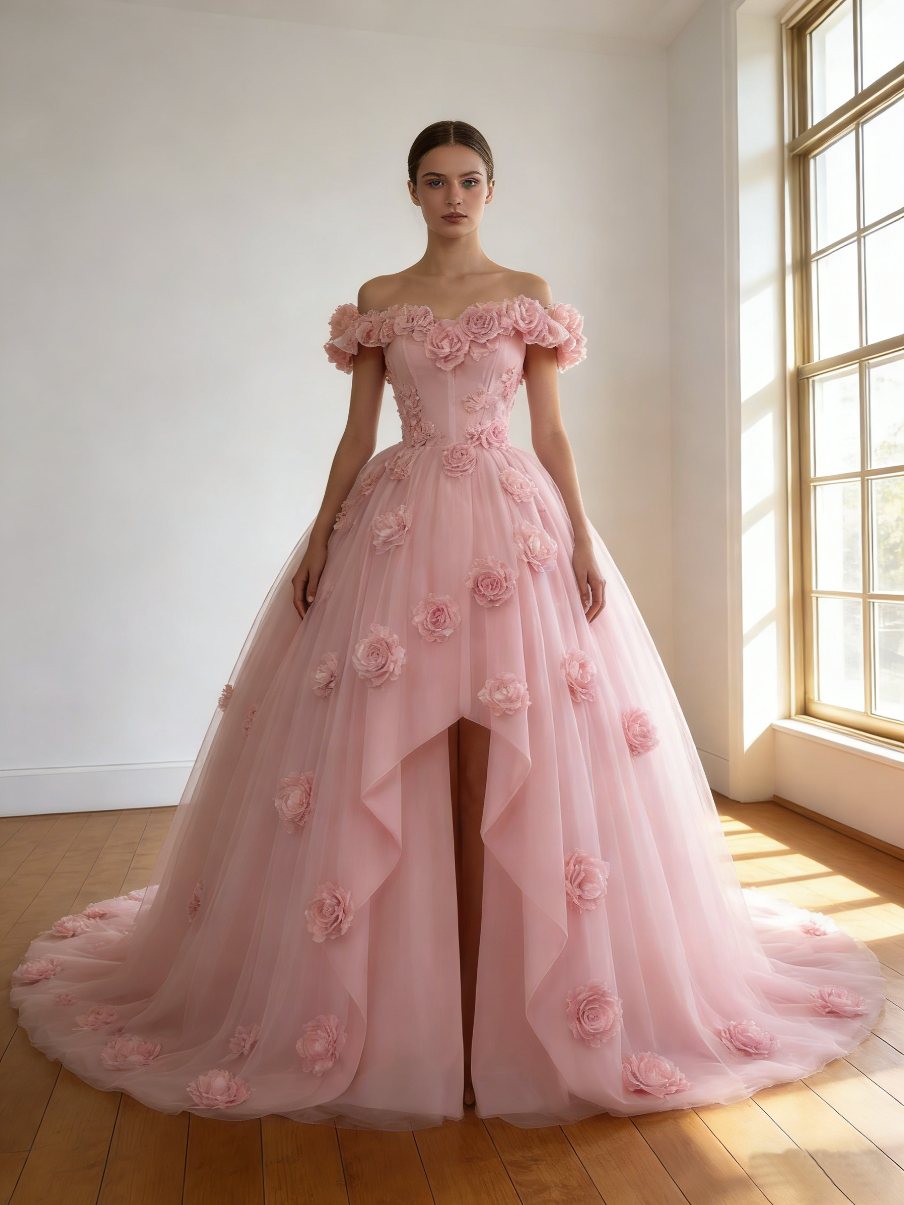 カラードレス ピンク  フリルオフショルダー  フィッシュテール  バラトレーン  華やかなトレーン  ブライダル