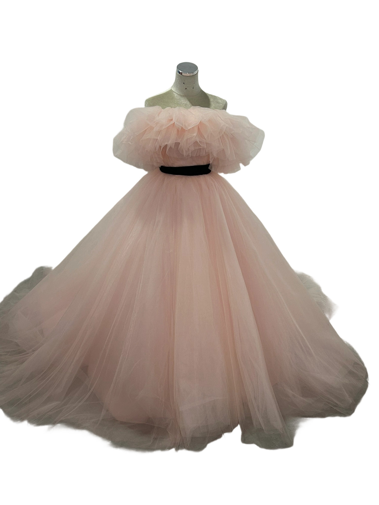 カラードレス ピンク 2ways  編み上げ  オフショルダー サッシュベルソフト チュール ロングトレーン ブライダル