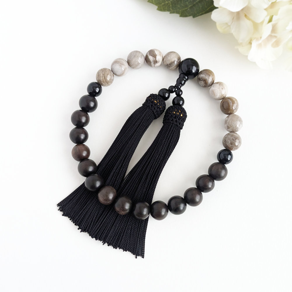 【男性用/主玉12mm】ジャスパーと黒檀・バイカラーの数珠・略式念珠/正絹漆黒房×オニキス