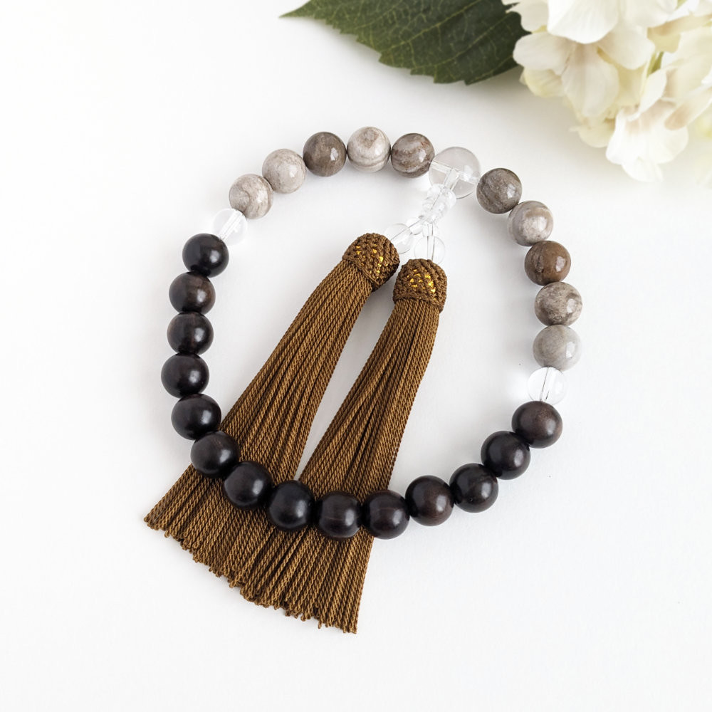 【男性用/主玉12mm】ジャスパーと黒檀・バイカラーの数珠・略式念珠/正絹抹茶房×水晶