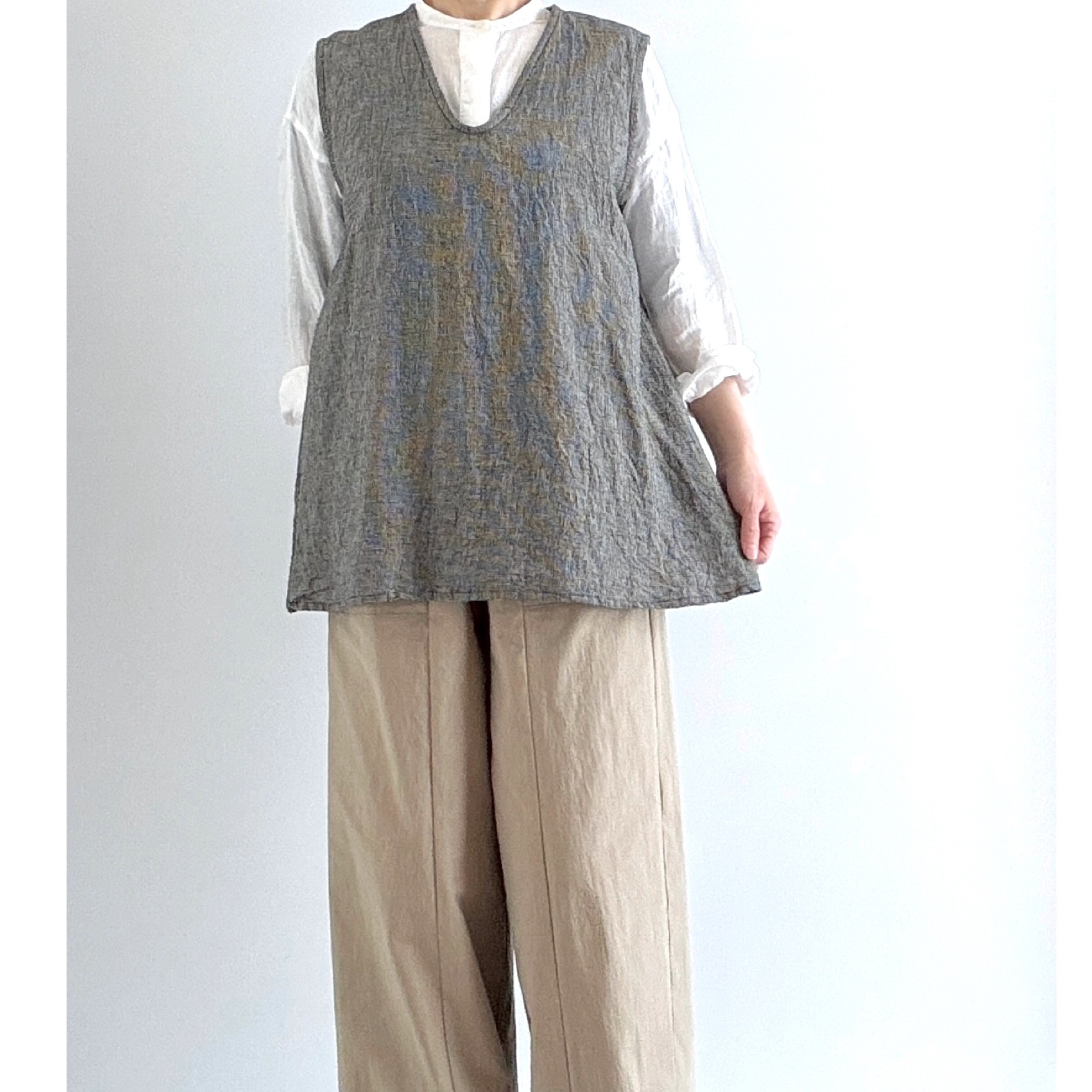 綿麻グレンチェックノースリーブブラウス＊Aライン