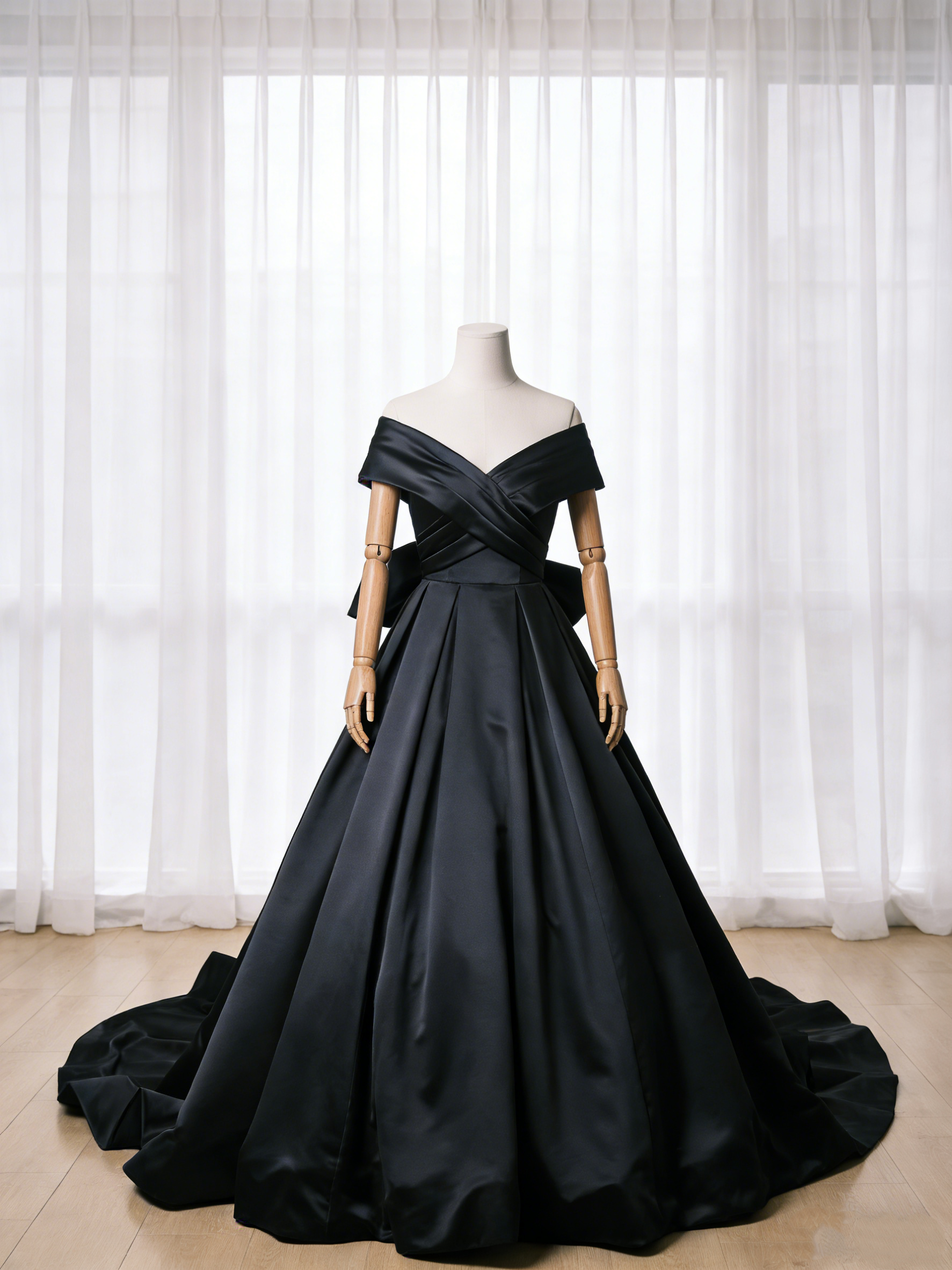 送料無料！パーティードレス オフショルダー ハンドドレープ ブラック 光沢サテン フレンチスリーブ リボン 前撮り