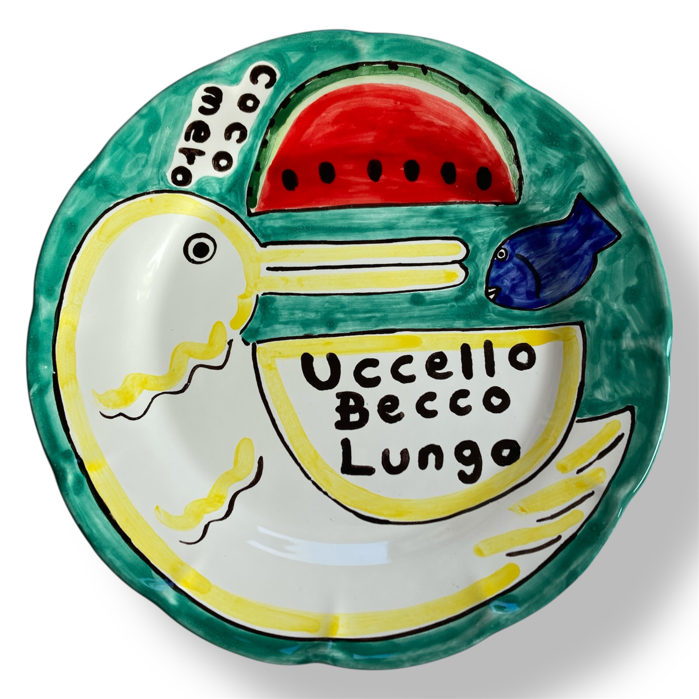 ディナー皿 26cm  マヨリカ焼き イタリア陶器 トリとスイカ GEO084