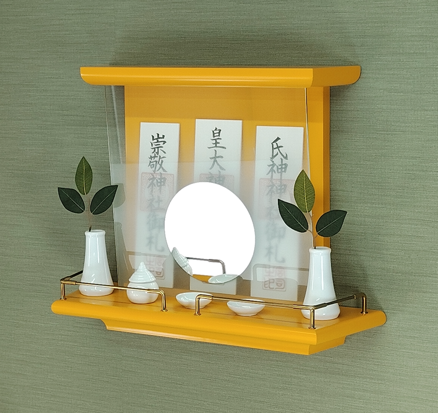 【 未来神棚　 心の鏡 】　推し活　イエロー　三社宮神棚　モダン神棚 　壁掛け型　神鏡は1枚ずつ職人の手作り