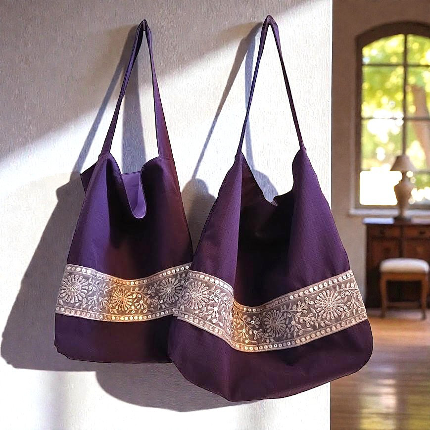 40｜MG FUSION｜ワンショルダーバッグ（M/L）｜ 八女紬【ドビー×紫】×インド綿ショットコットン【Lupin】