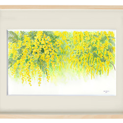 ☆受注制作「ミモザと春風」 40×50cm ＊額装付き手描き水彩画＊送料