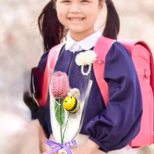 チューリップとミツバチ 枯れない花 かぎ針編み あみぐるみ 花束 受注