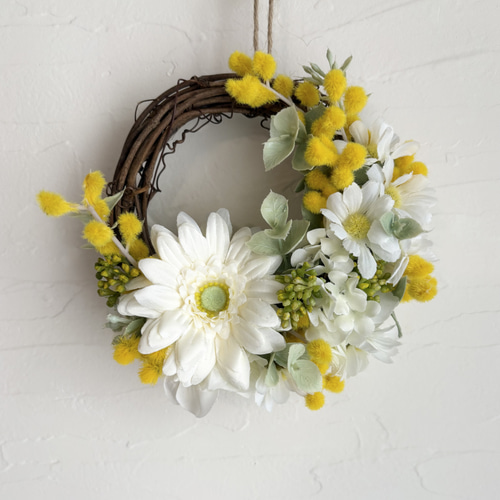ミモザとホワイトガーベラの春リース＊ミニリース＊アーティフィシャル
