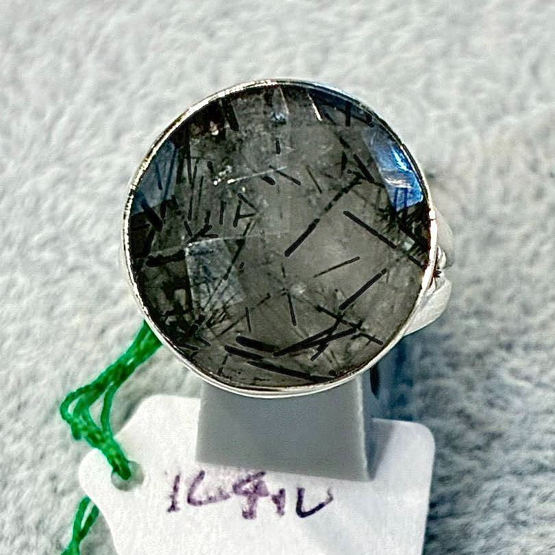 シルバーリング 14号 シルバー925ブラックルチルクォーツ 大粒 黒針金水晶 円形 サークル 丸型 天然石 指輪