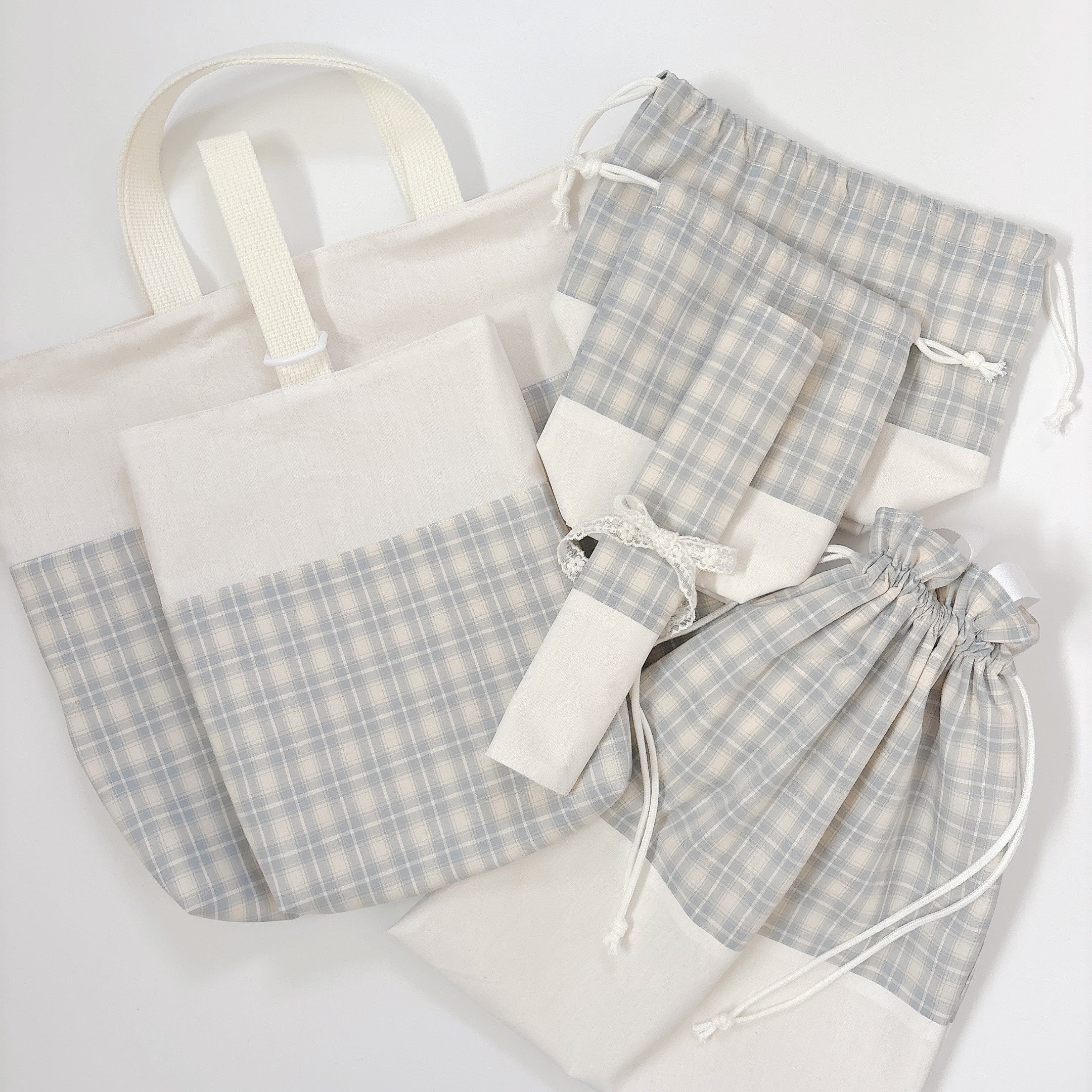 入園入学グッズ6点セット 【natulal blue check】サイズオーダー　レッスンバッグ・上履き入れ・巾着