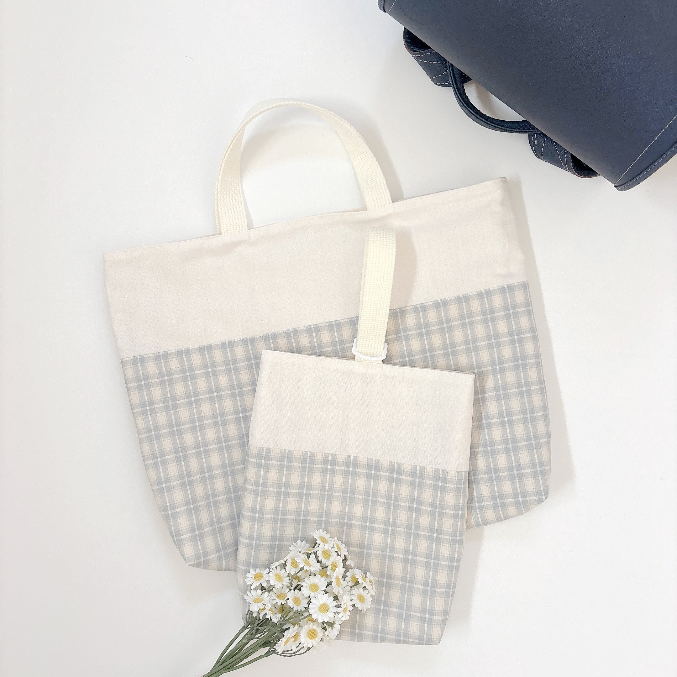 入園入学2点セット【natulal blue check】ブルーチェック　レッスンバッグ&上履き入れ　サイズオーダー