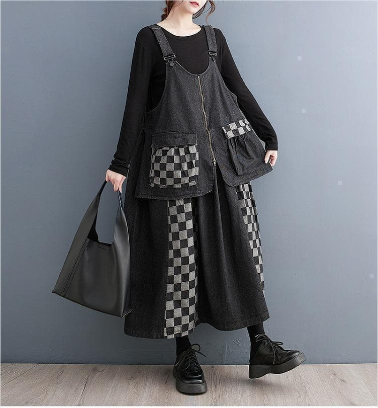 新品 大きいサイズ 3Lサロペット スカート 秋冬 デニム チェック柄 レトロ