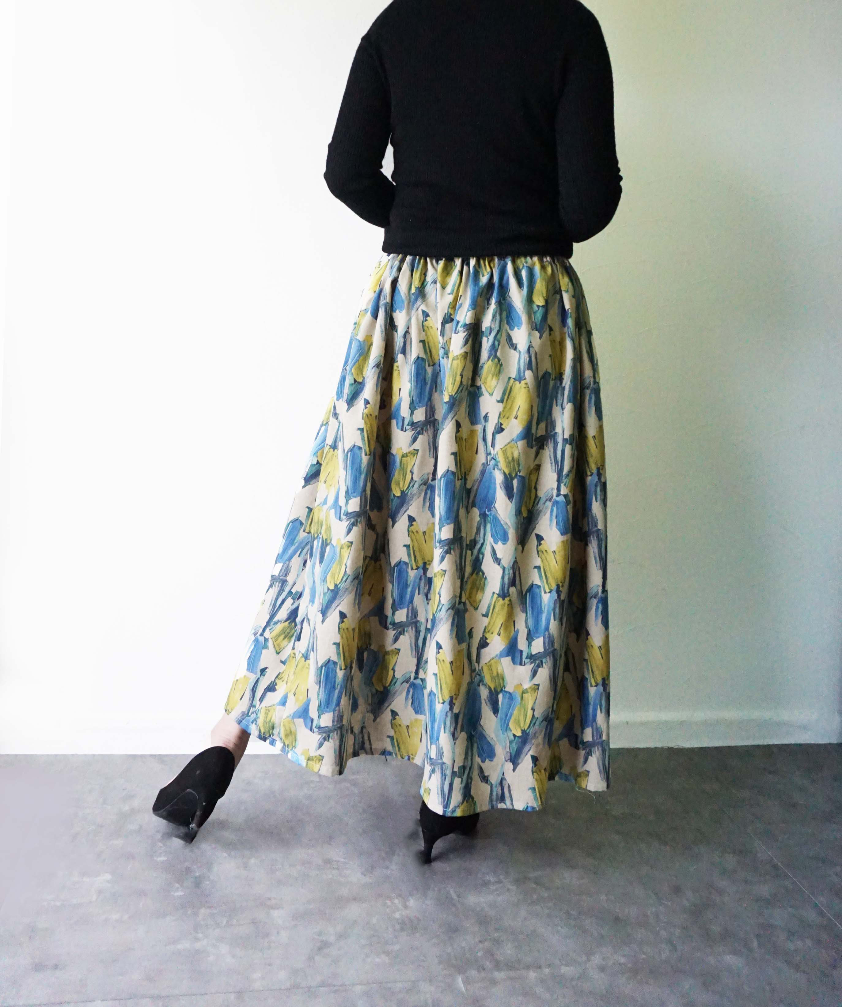 ペインティングフラワーブルーイエローロングスカート コットンリネン