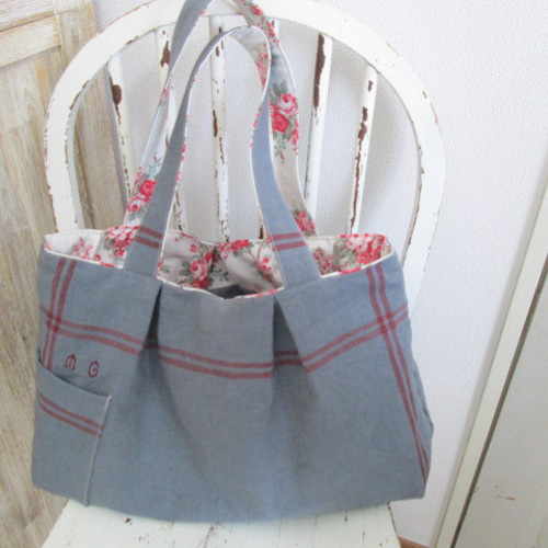 フランスアンティーク後染めグリージョブルー色と花柄ヴィンテージの