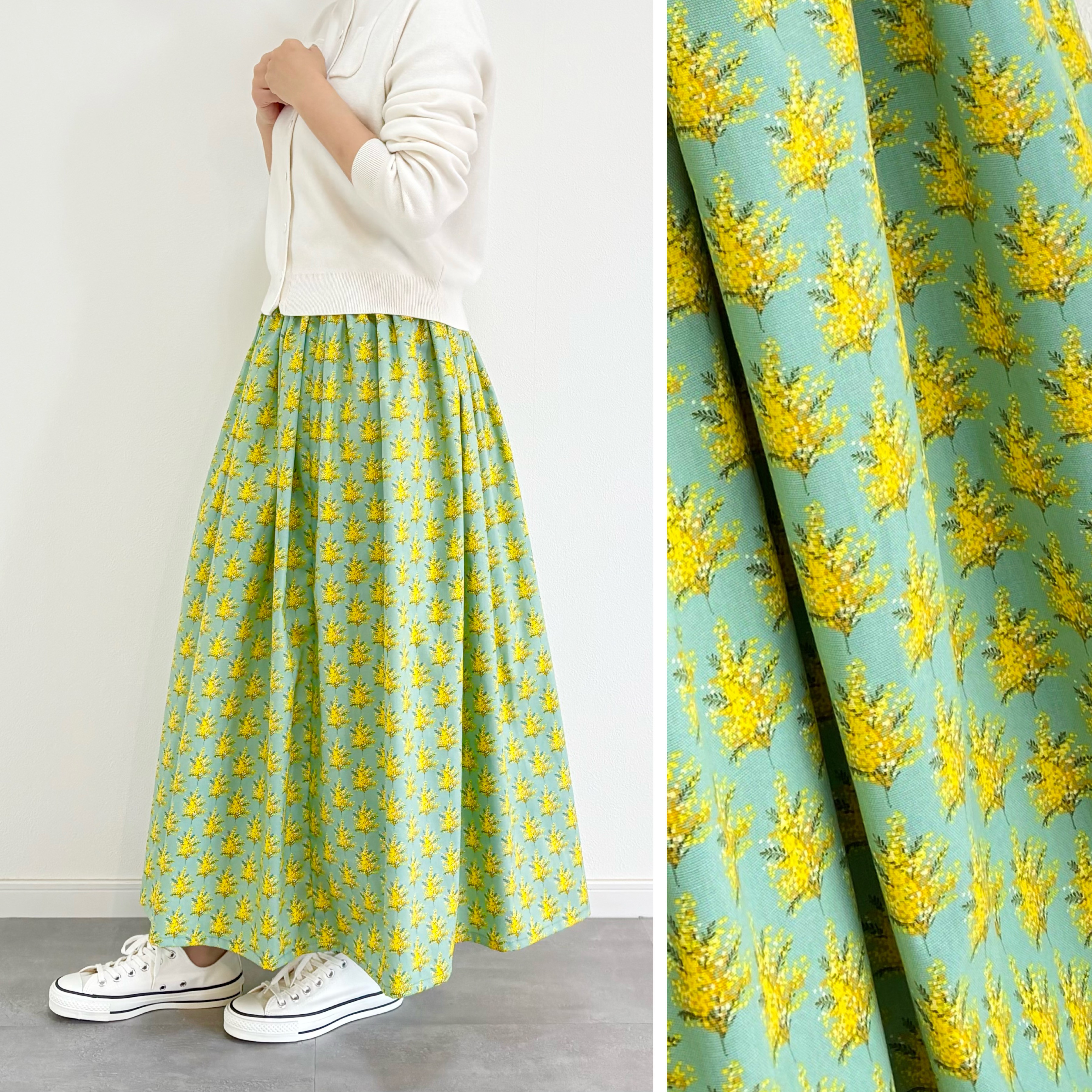 ♦︎春の新作♦︎ミモザのスワッグ柄コットンスカート　ミントグリーン