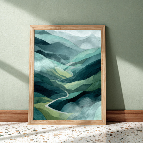 静かな山の道 ― 青と緑が重なる抽象水彩画 癒し インテリアアート