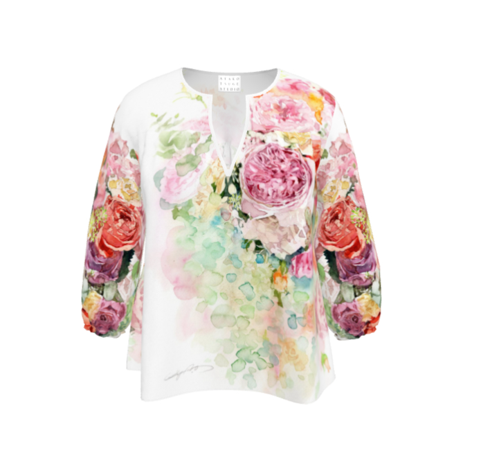 XXS～7XL　Rose cube　薔薇のプリント柄の七分袖ゆったりめブラウス【秋春夏】