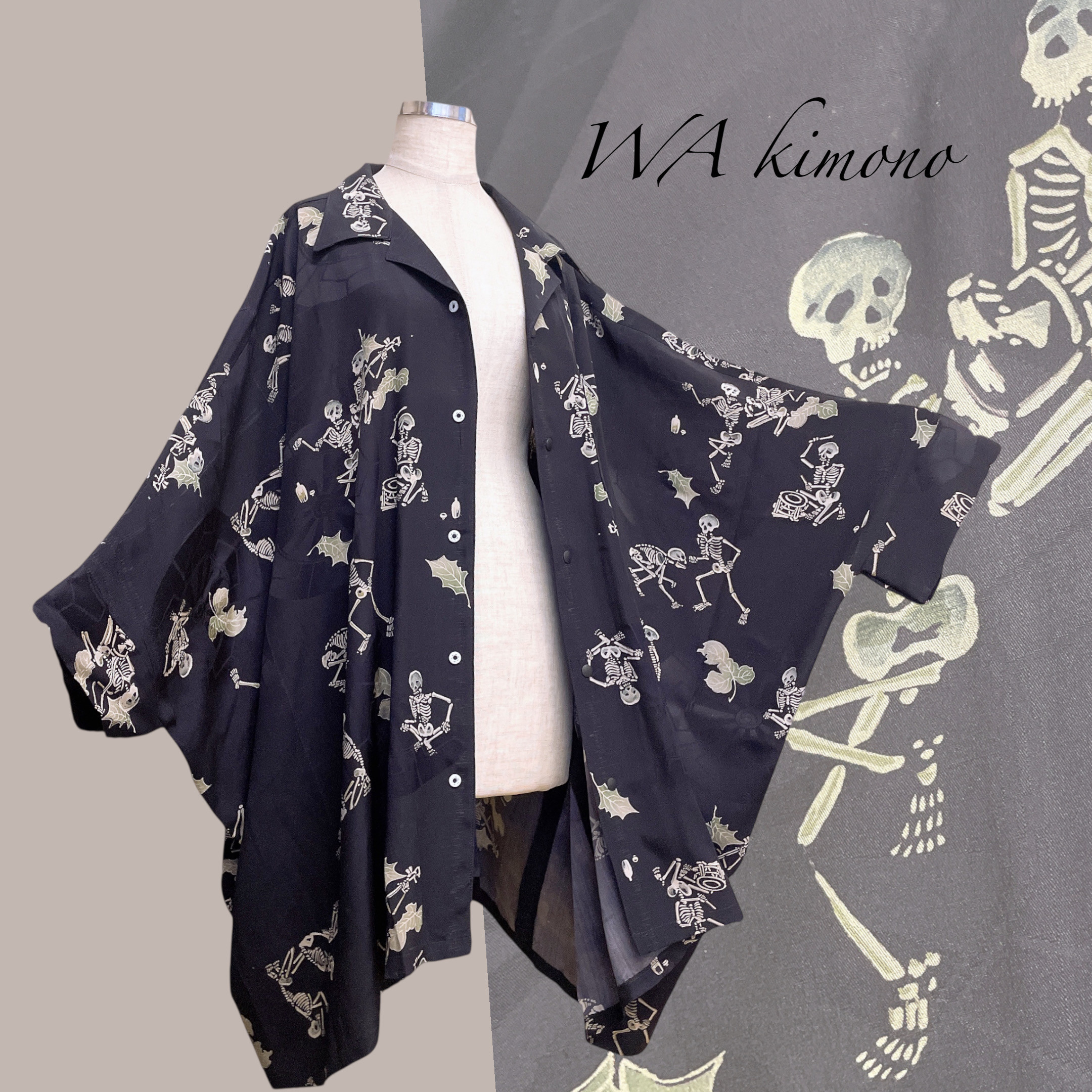 スカル ドルマンシャツ！ 男女兼用 高級感抜群！ 正絹 フリーサイズ ビッグシャツ 大きなサイズ対応 N80104