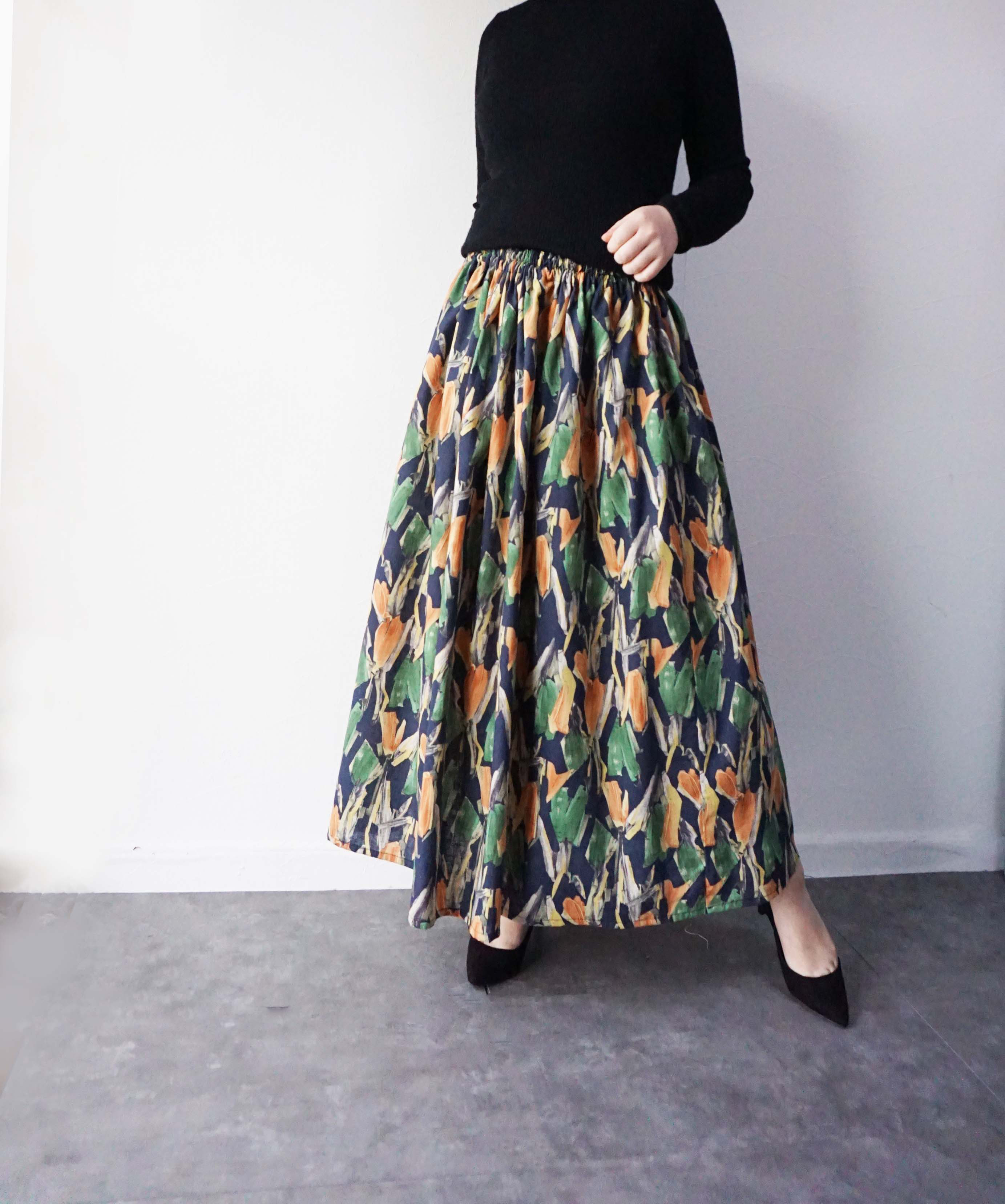 ペインティングフラワーオレンジグリーンロングスカート コットンリネン