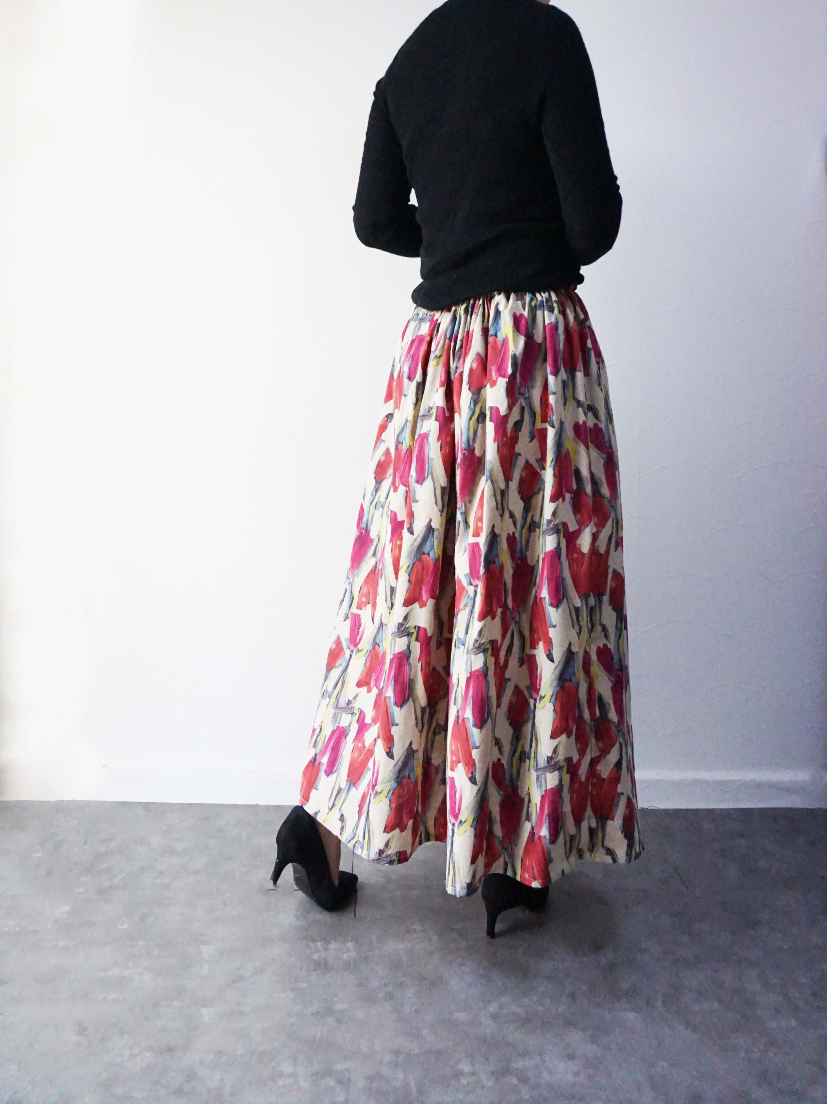 ペインティングフラワーピンクロングスカート コットンリネン