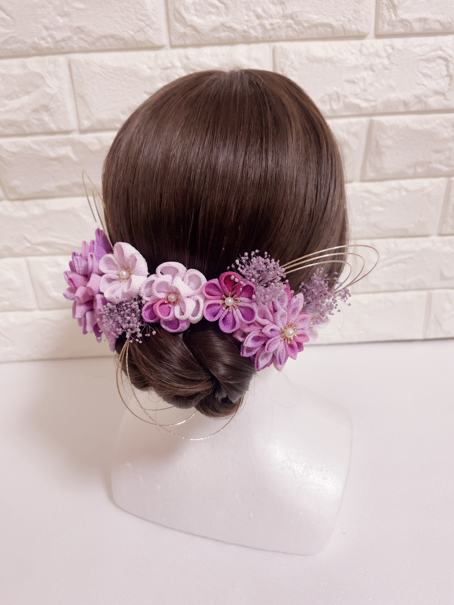 つまみ細工　髪飾り　成人式　卒業式　結婚式　七五三　着物　振袖　袴　ヘアアクセサリー　紫色　花　紫　かわいい