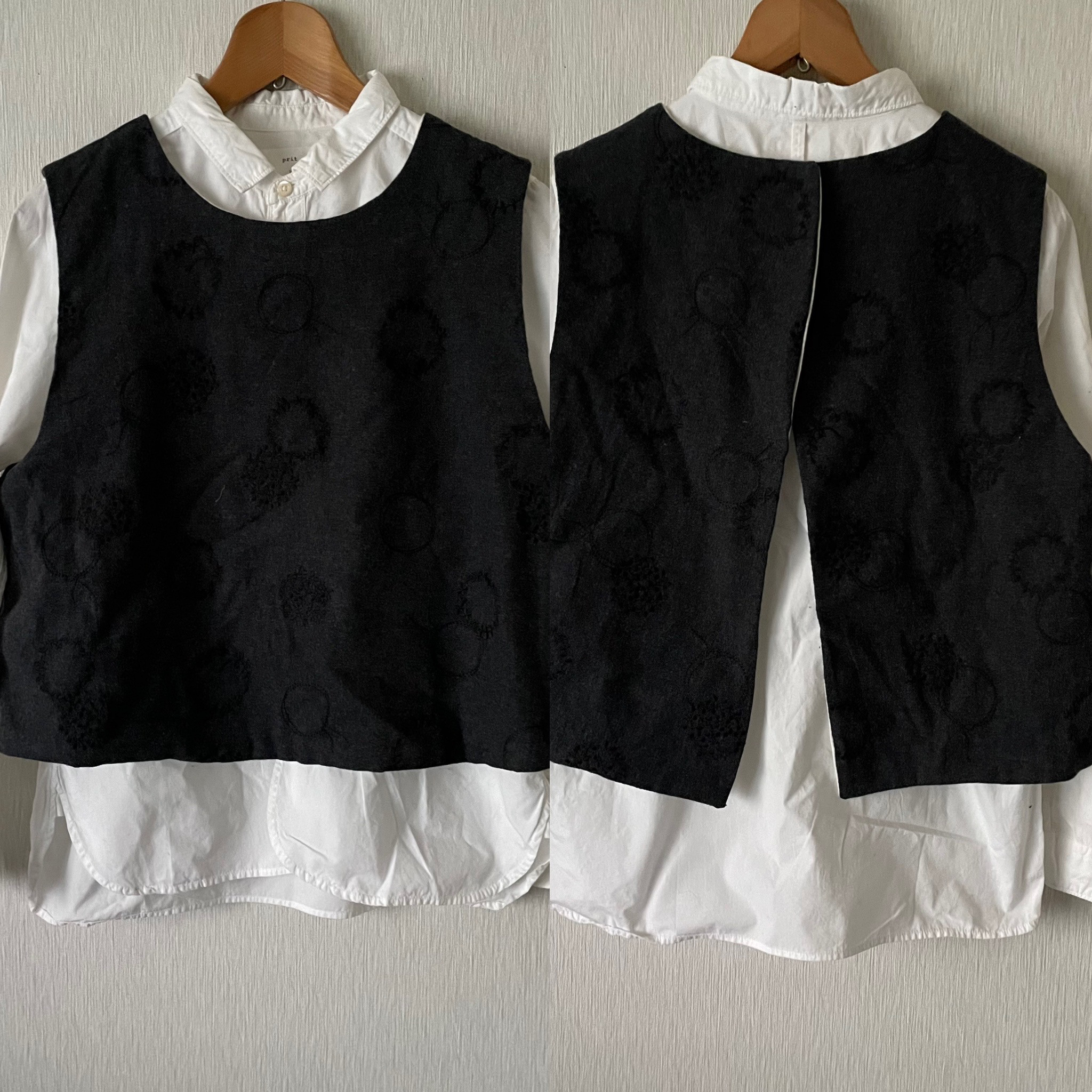 リバーシブル刺繍後ろ明きベスト　グレー生成りＦ