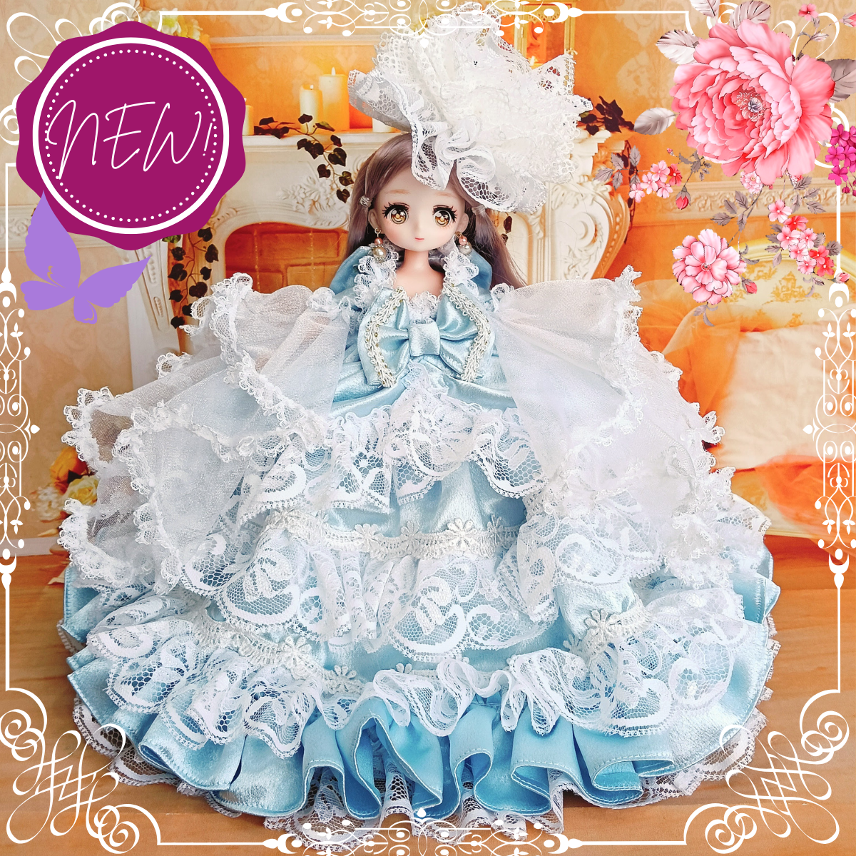 送料無料　リカちゃんサイズ　ドレス　アイスブルー　22㎝ドール服　氷雪姫　お姫様ドレス　ウェディングドレス　ドール服