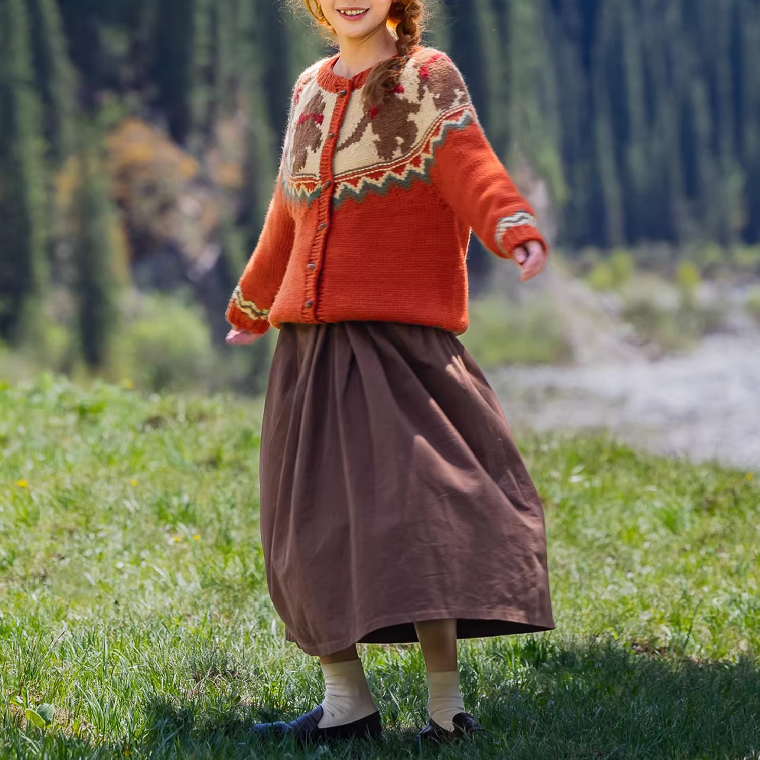 ハンドメイド 手編み ウール100％ ノルディック柄 ベアモチーフ カーディガン ウール100％ オレンジ 冬の森ニット