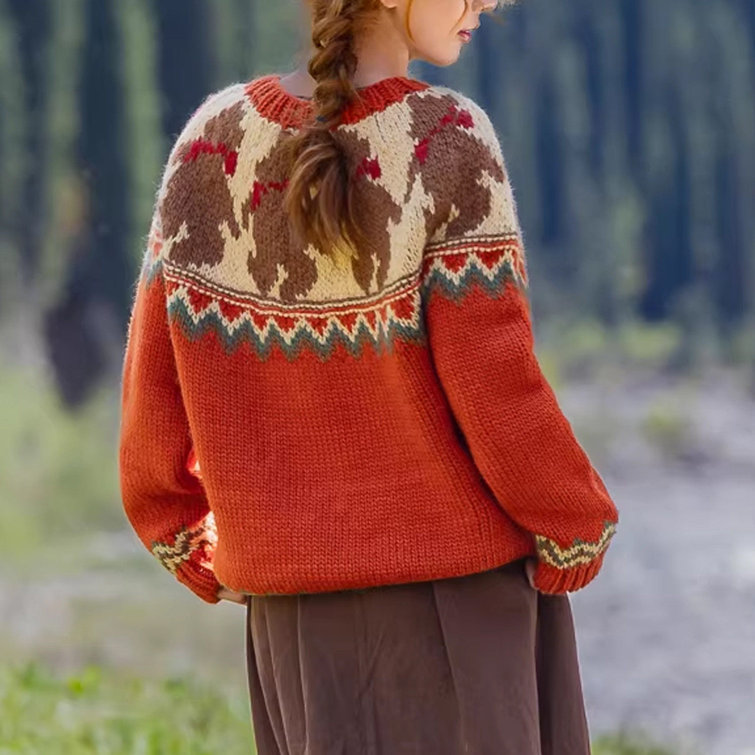 ハンドメイド 手編み ウール100％ ノルディック柄 ベアモチーフ カーディガン ウール100％ オレンジ 冬の森ニット