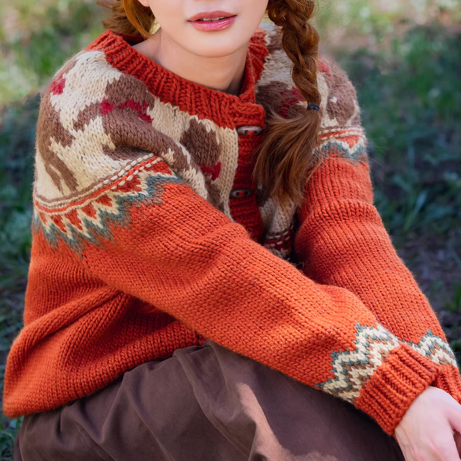 ハンドメイド 手編み ウール100％ ノルディック柄 ベアモチーフ カーディガン ウール100％ オレンジ 冬の森ニット