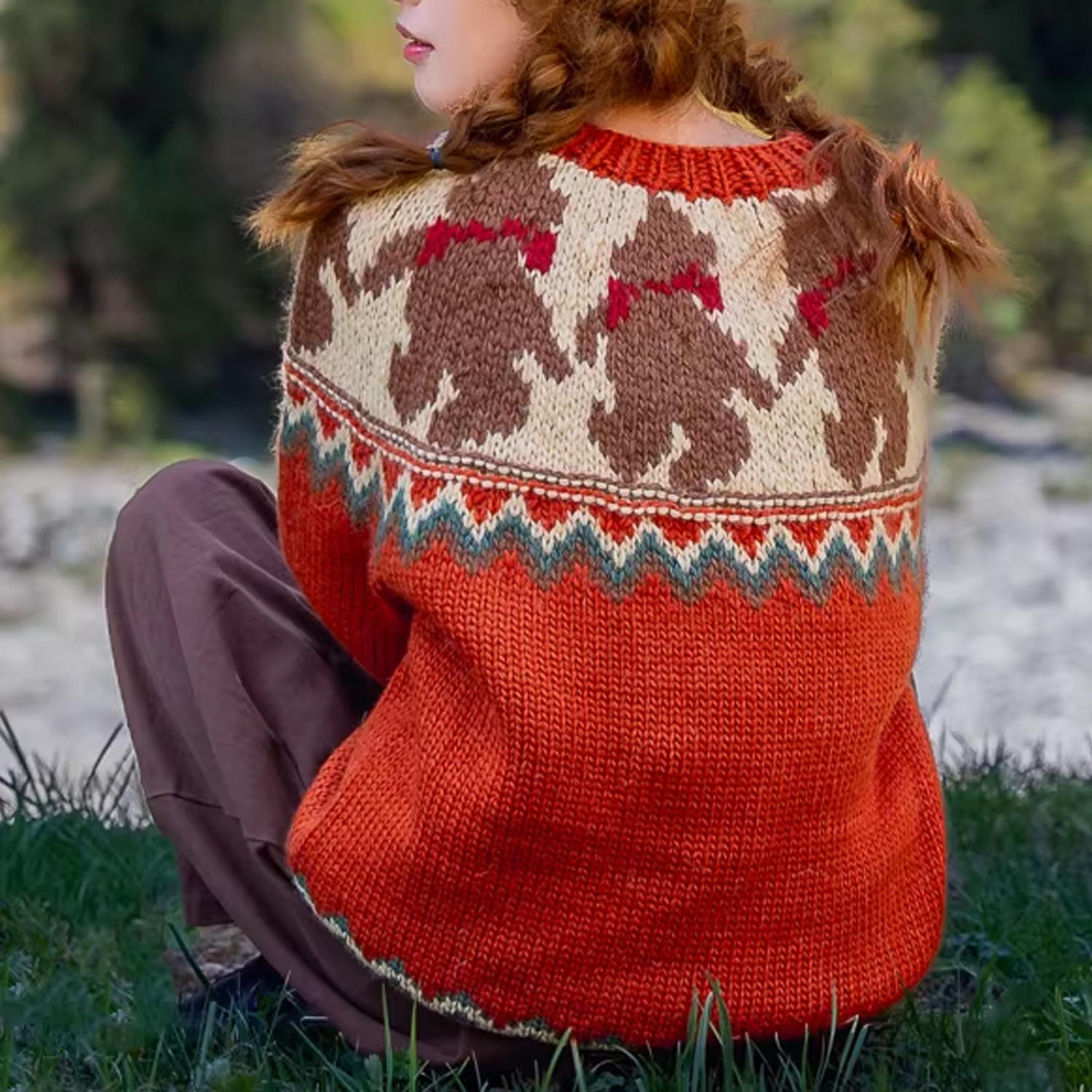 ハンドメイド 手編み ウール100％ ノルディック柄 ベアモチーフ カーディガン ウール100％ オレンジ 冬の森ニット