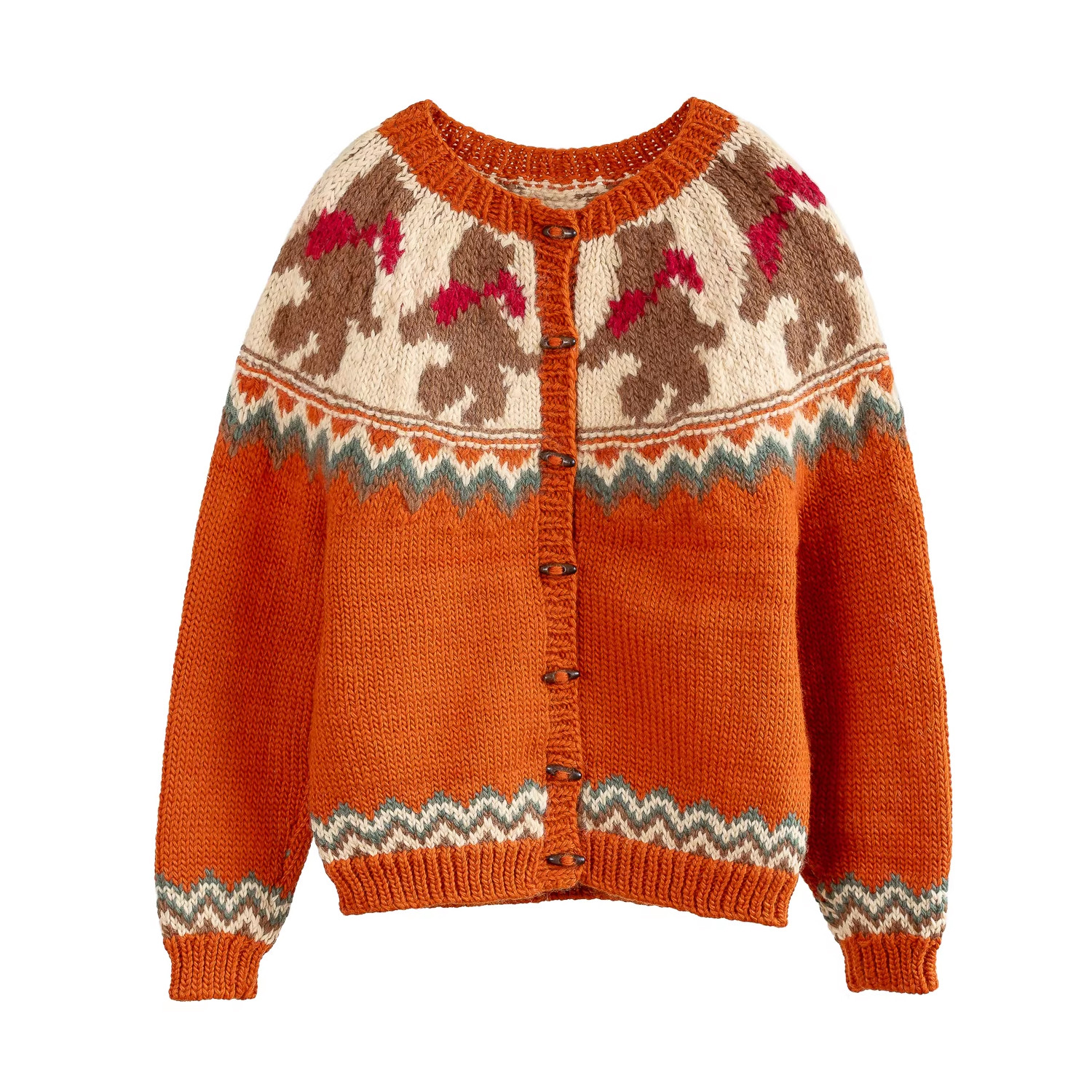 ハンドメイド 手編み ウール100％ ノルディック柄 ベアモチーフ カーディガン ウール100％ オレンジ 冬の森ニット