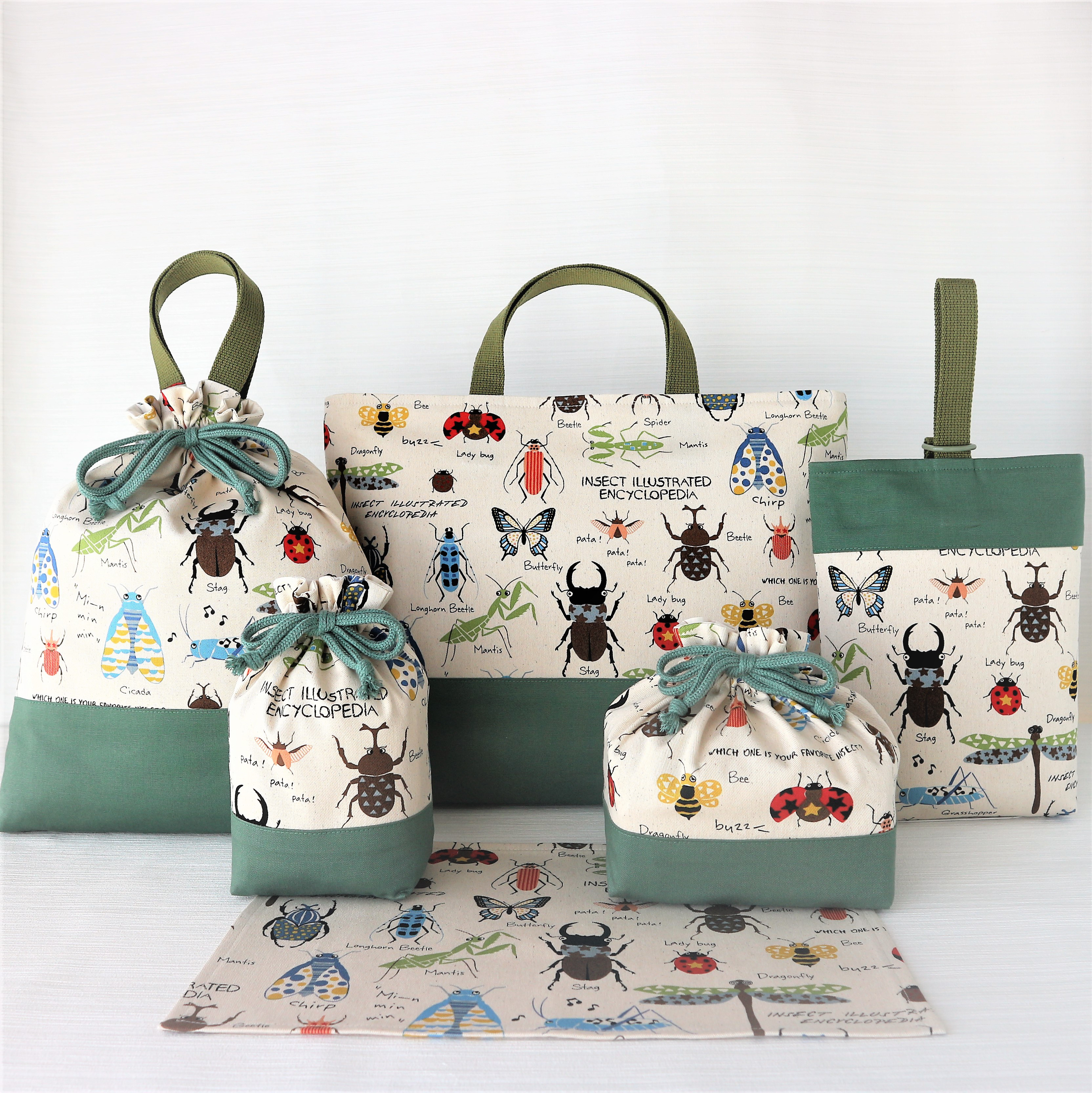 入園入学６点セット　長くきれいに使えるレッスンバッグ・上履き入れ　★たのしい昆虫図鑑・グレー★