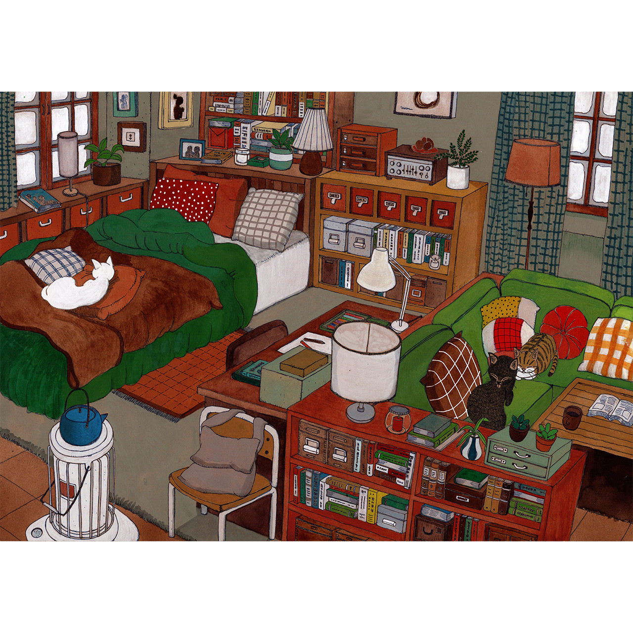 原画「くつろぐ3匹」猫イラスト インテリアアート