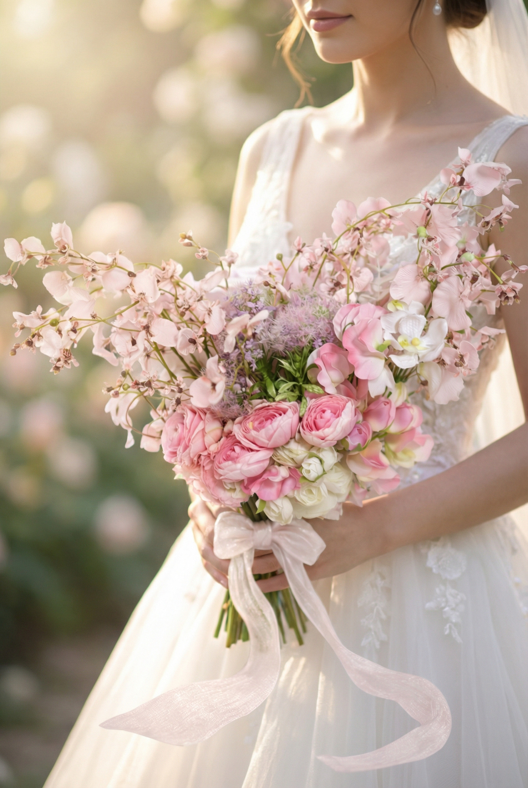 風に揺れるスイートピーの ナチュラルブライダルブーケ – ピンク・ホワイト-アーティシャルフラワー