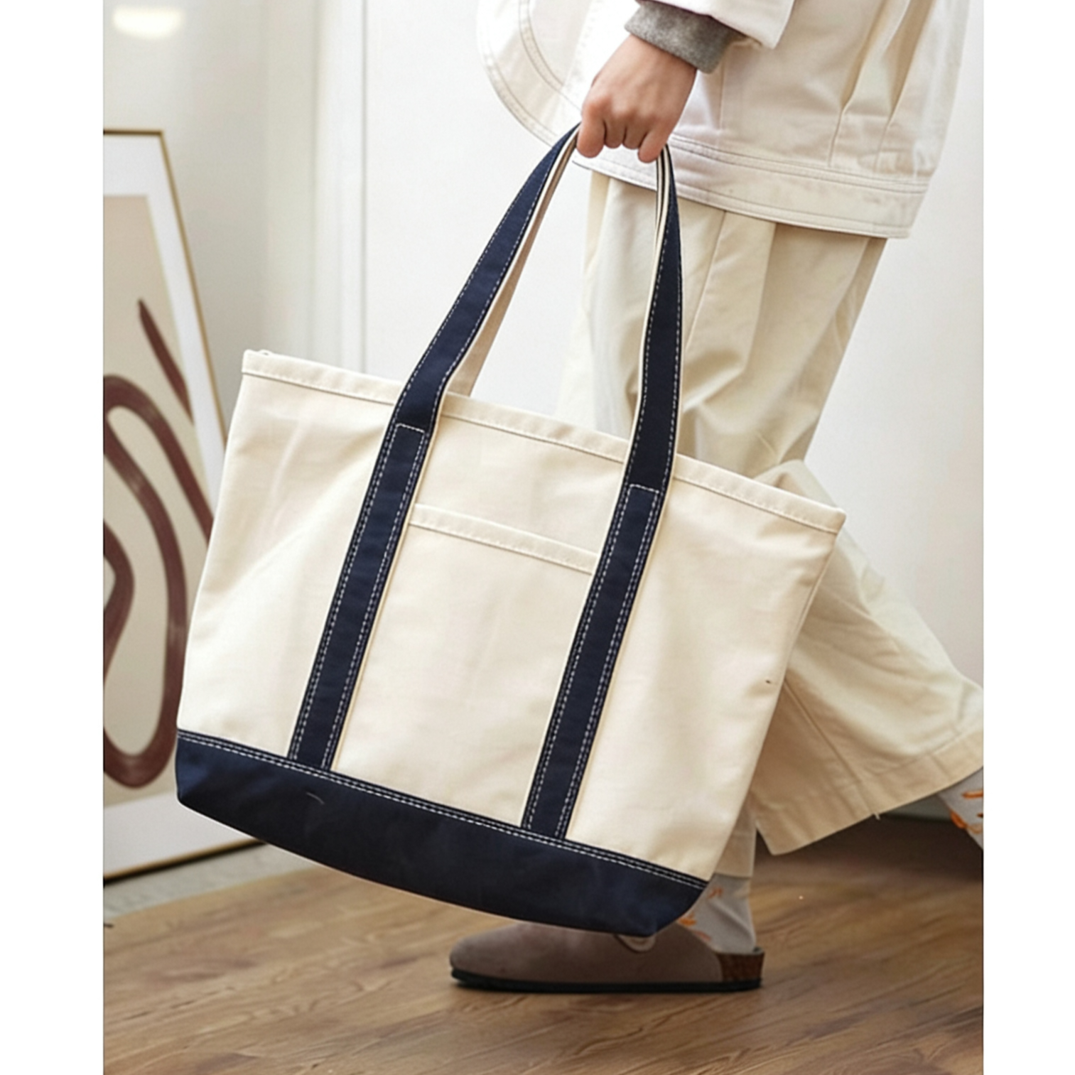 ファスナー付きのトート ベージュ 帆布 A4 ビッグサイズ