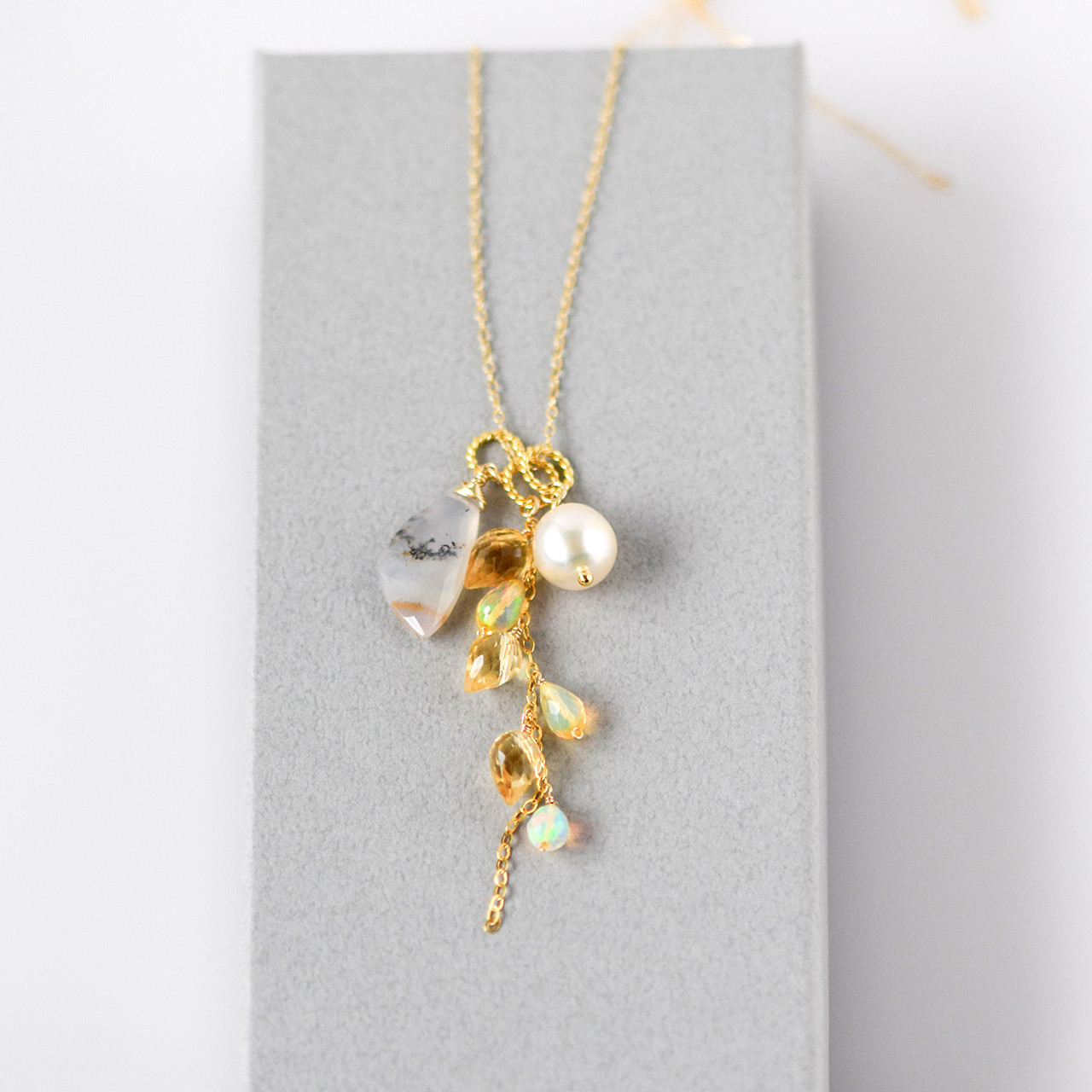 春光の余韻 ― デンドリティックオパール × シトリン × オパール × アコヤ真珠 3wayペンダントトップ14kgf